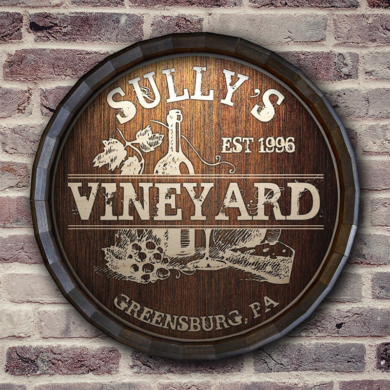 Custom Wood Barrel Top Vineyard Tavern Sign - Personalized Pub Decor for Home Bar, Man Cave, or Wine Cellar - Rustic Wall Art for Restaurants and Wine Tasting Rooms