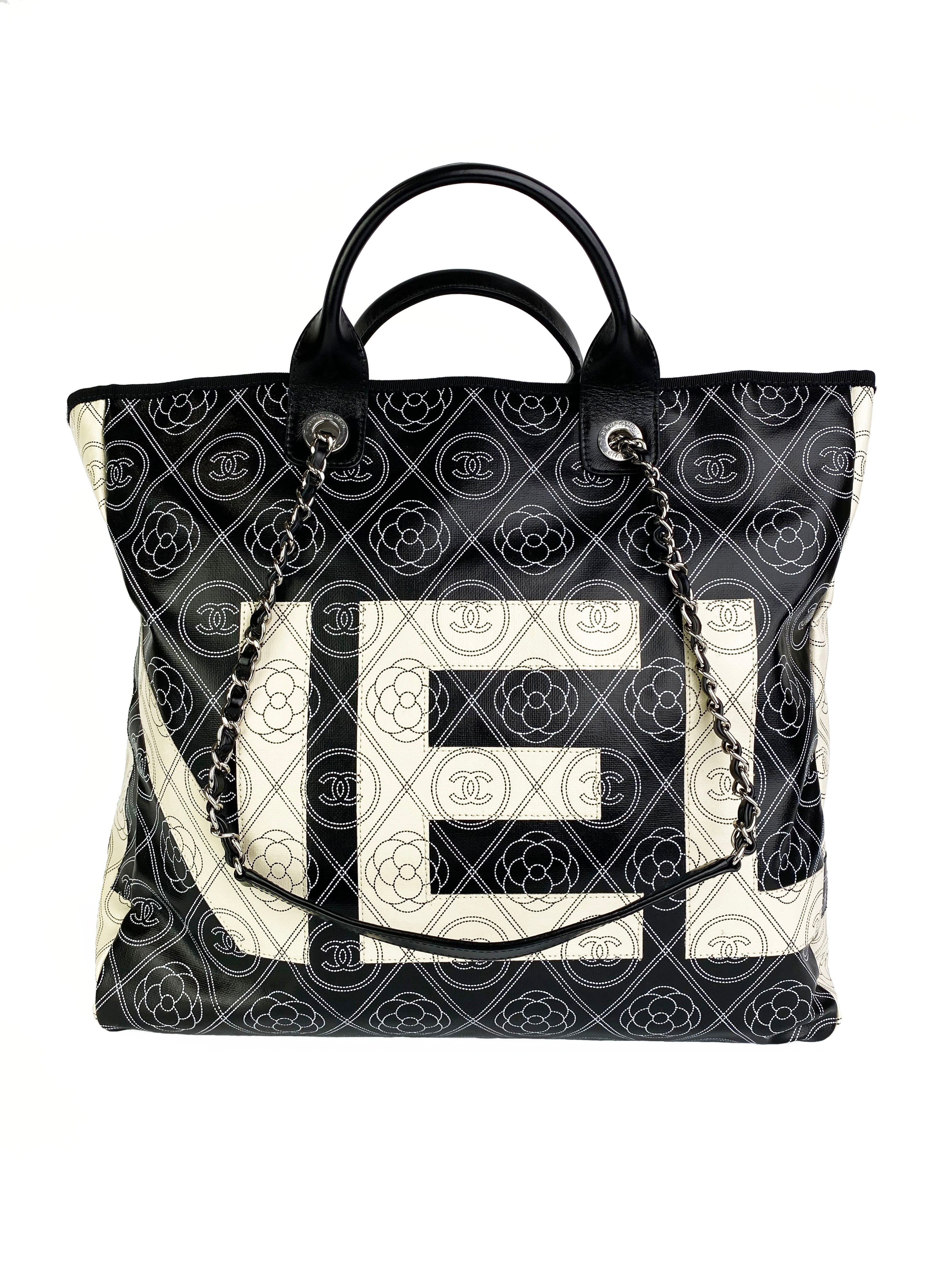Chanel Black & White Logo Camellia Large Shopping Tote Bag - Luxury Designer Handbag for Women, Perfect for Work, Travel & Everyday Use