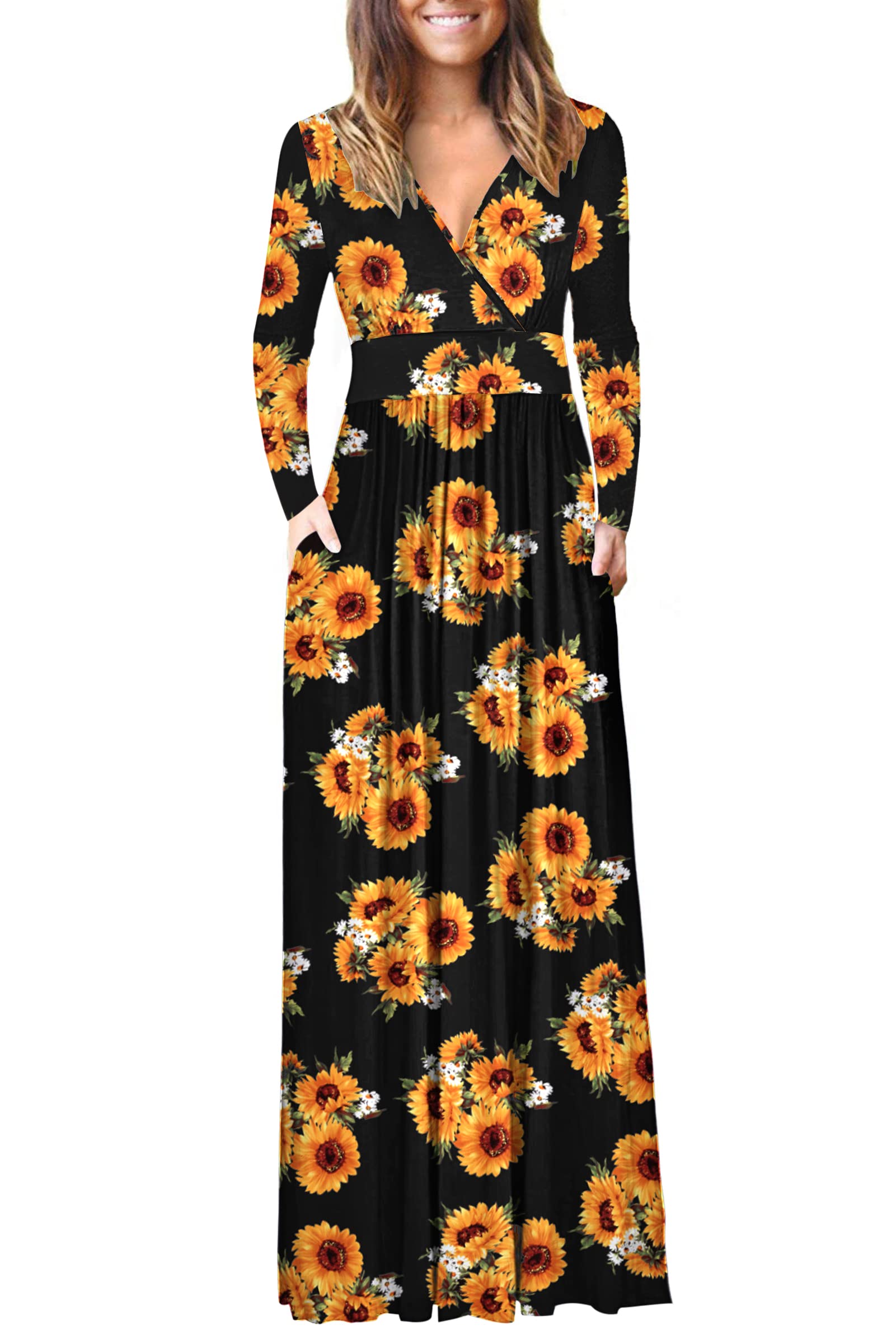 AUSELILY Women's Long Sleeve Loose Plain Maxi Dress with Pockets - Casual Flowy Boho Beach Dress for Summer, Vacation & Everyday Wear
