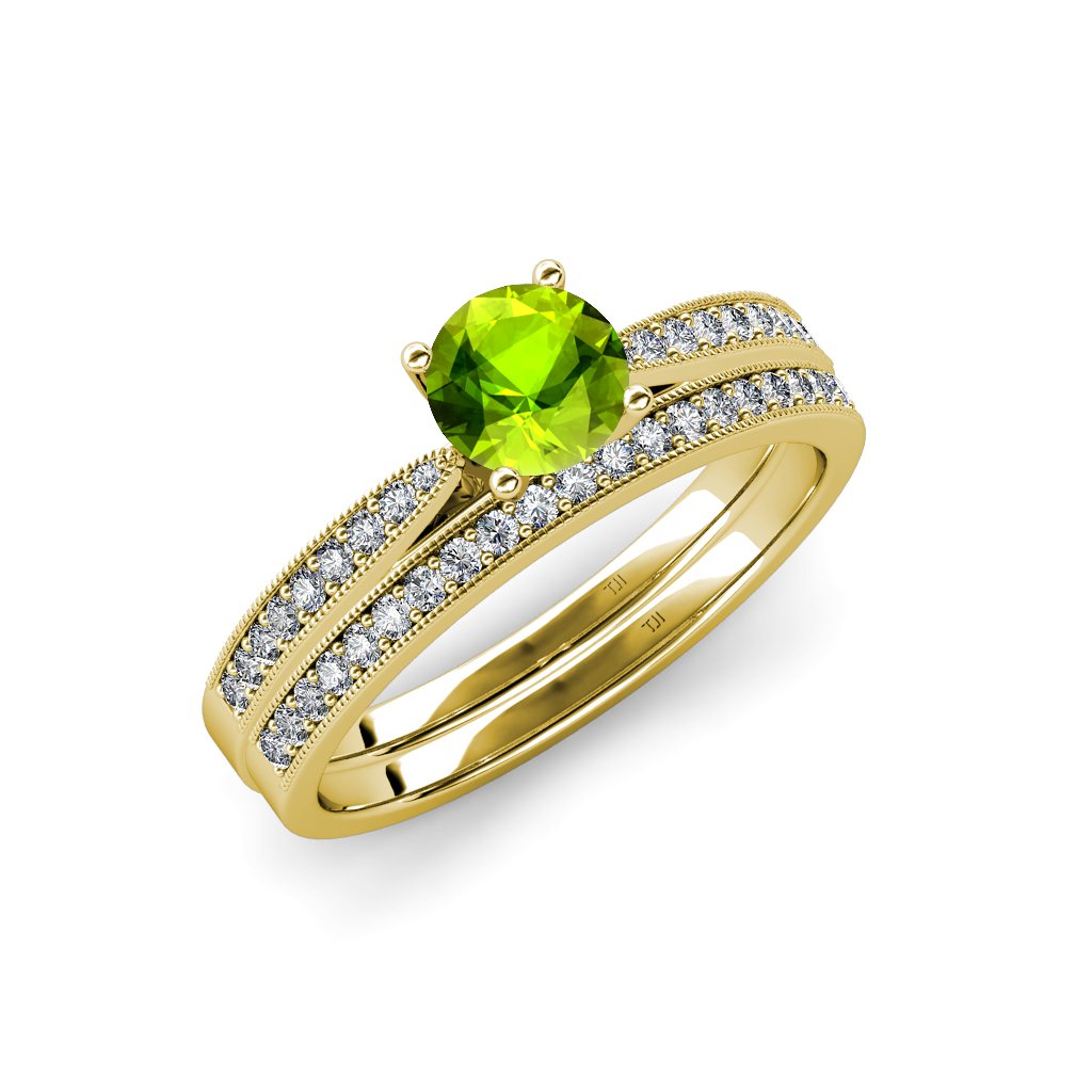 Peridot & Diamond Milgrain Engagement Ring & Wedding Band Set 1.50 ctw 14K Yellow Gold - Perfect for Proposals, Anniversaries & Bridal Jewelry
