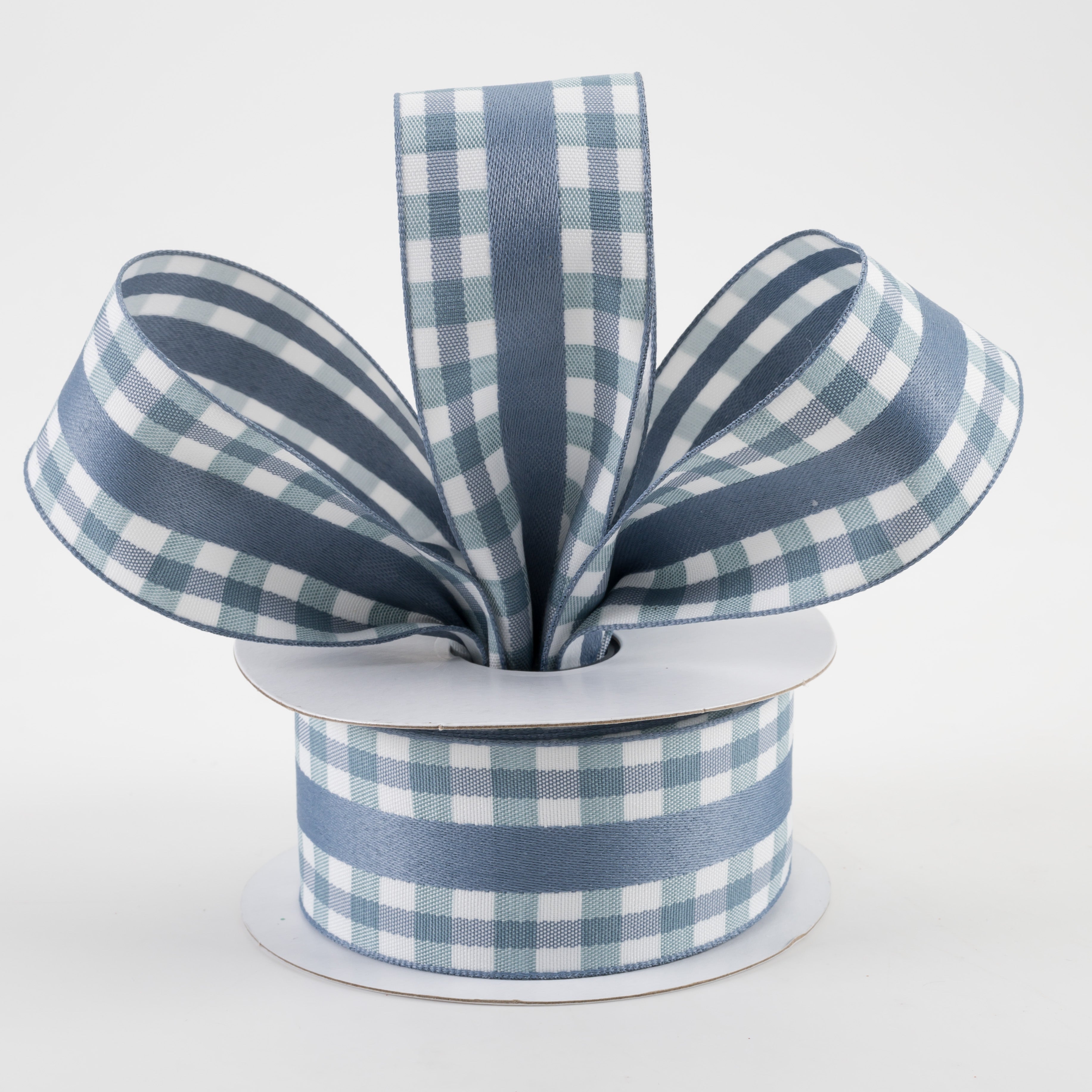 1.5 Inch Mini Gingham Checkered Ribbon with Center Stripe - Smoke Blue & White Cotton Craft Ribbon (10 Yards) for Gift Wrapping, DIY Crafts, Scrapbooking & Party Decorations