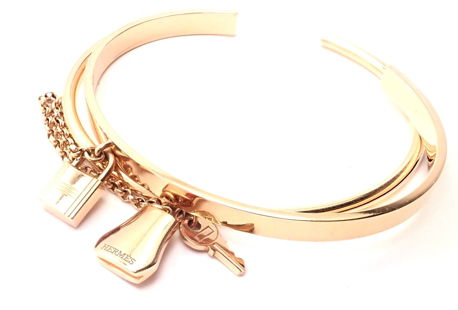 Authentic Hermes 18K Rose Gold Kelly Clochette Double Cuff Bangle Bracelet - Luxury Jewelry for Women, Perfect for Weddings, Parties & Special Occasions