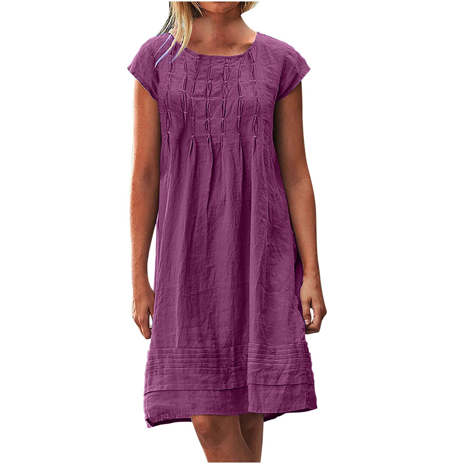 Women's Linen Pleated Summer Dress - Round Neck Short Sleeve Sundress for Beach Vacation & Casual Wear | Breathable Mini Dress 2025 | Perfect for Pool Parties, Weekend Outings & Tropical Getaways