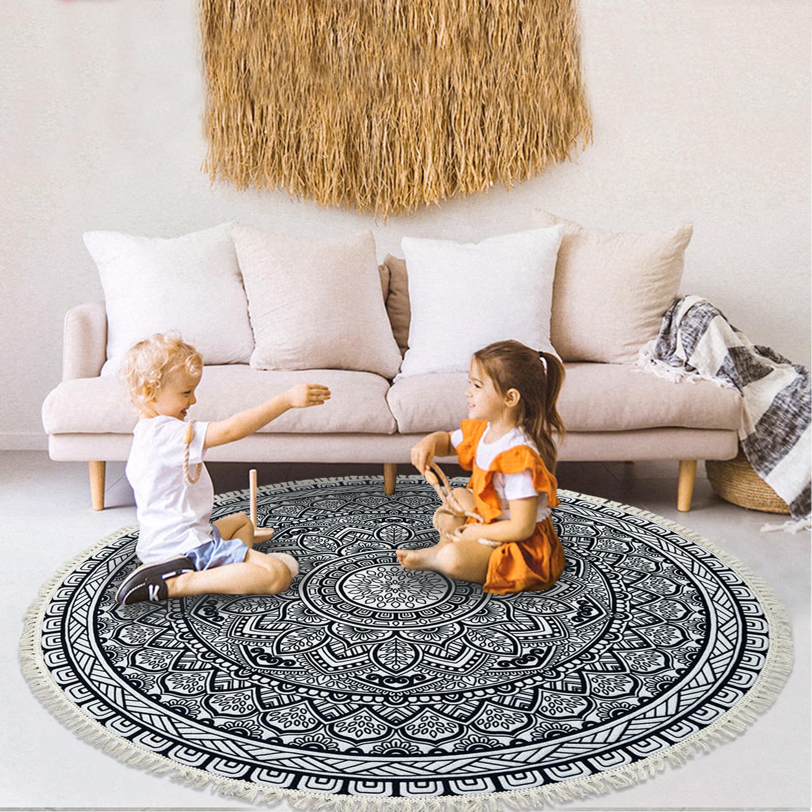 5Ft Round Boho Rug - Floral Farmhouse Carpet for Kids Bedroom & Living Room Decor