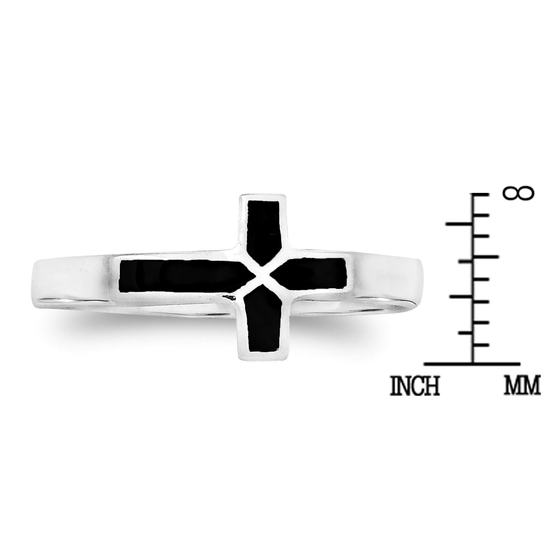 AeraVida Sideways Cross Simulated Black Onyx Inlay .925 Sterling Silver Ring for Women - Classic Wedding Band, Religious Jewelry, Comfort Fit Ring Sizes 6-9 | Perfect for Church, Daily Wear & Special Occasions