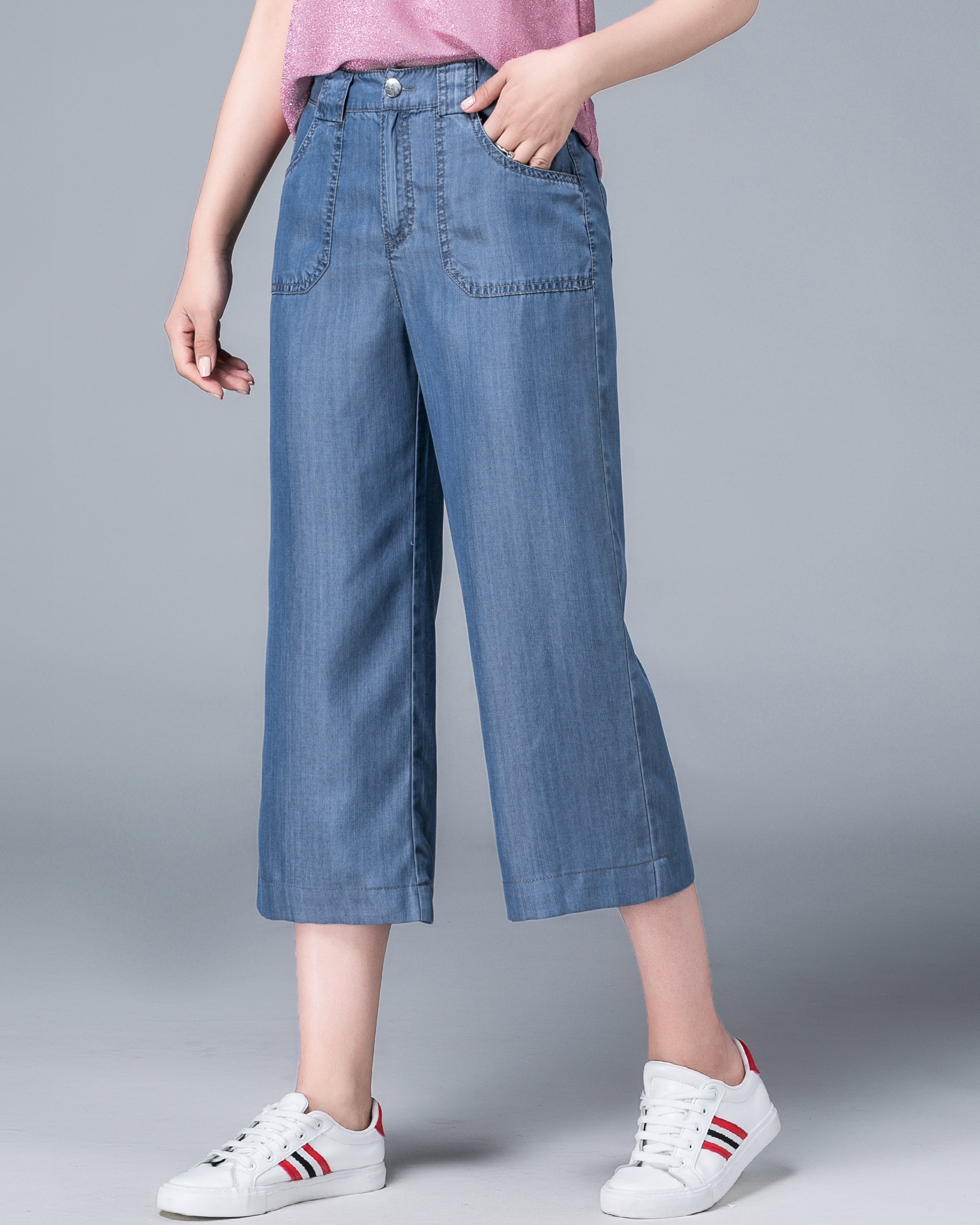 Sunfan Women's High Rise Wide Leg Capri Tencel Jeans - Relaxed Fit Blue Denim Pants for Casual Wear & Summer Outfits