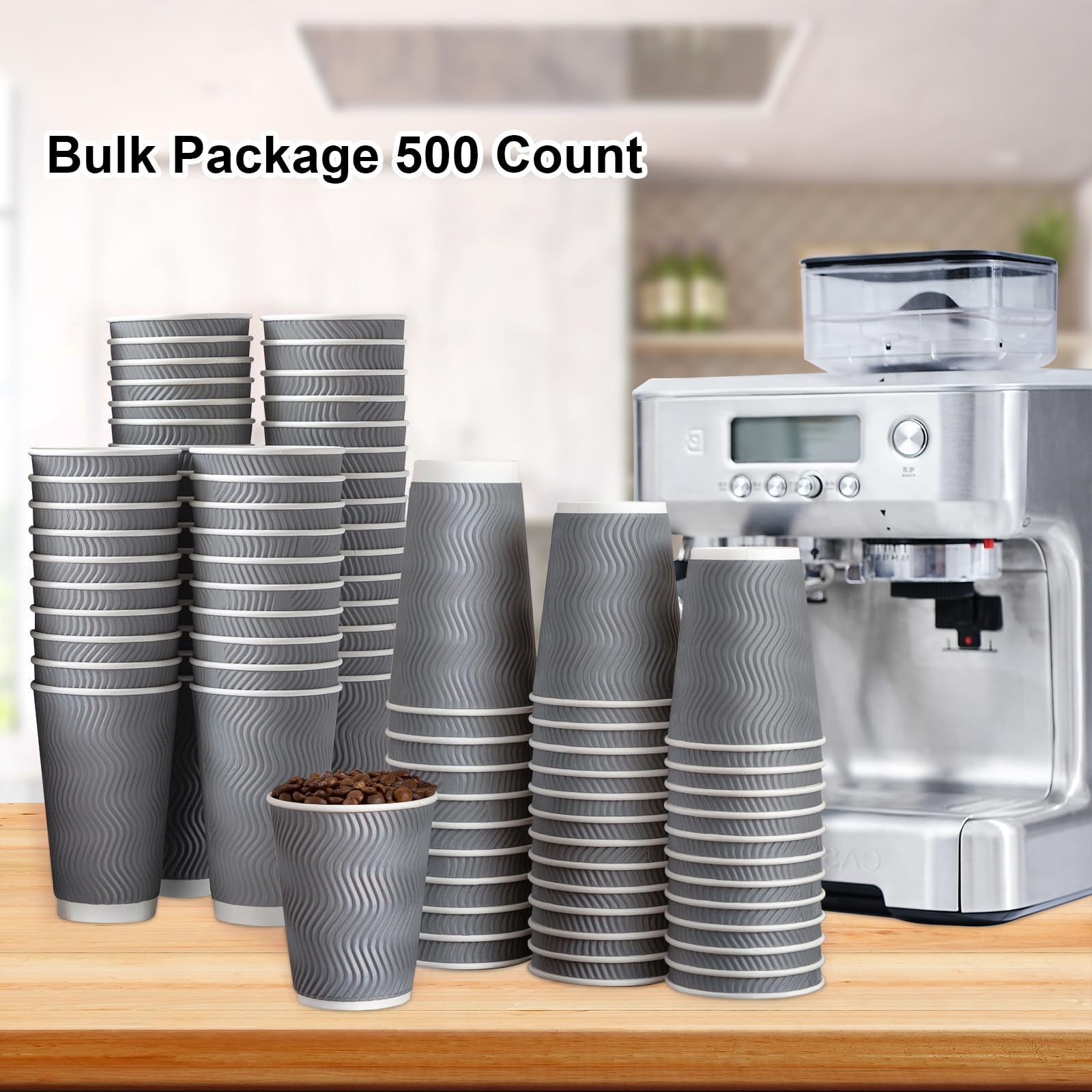 Lamosi 500 Count 12 oz Insulated Disposable Paper Coffee Cups Bulk - No Lids, Corrugated Ripple Wall Design for Hot Beverages (Grey) - Perfect for Coffee Shops, Offices, Catering & Events