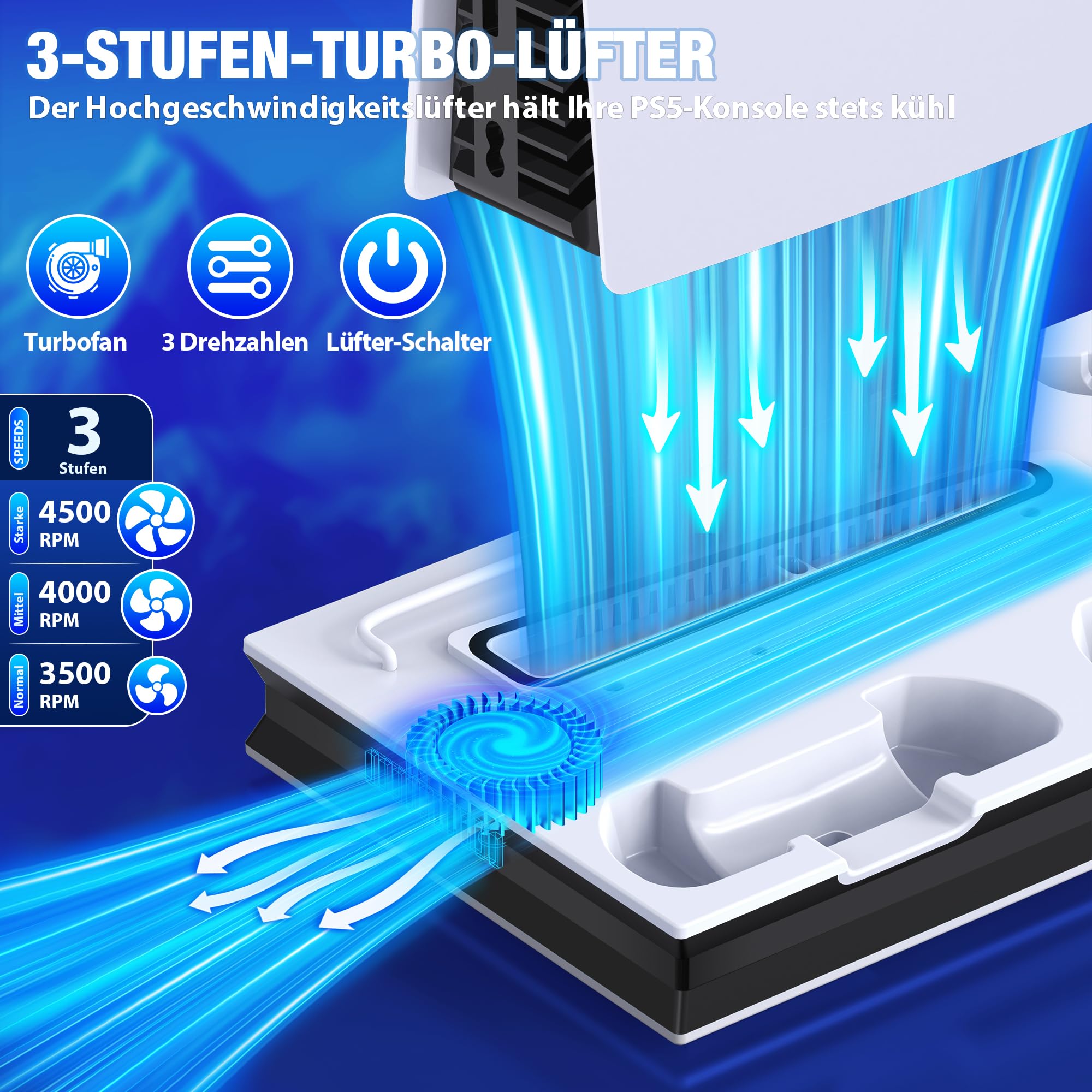 ALEEMTRY PS5 Stand for PS5 Slim - 3-Speed Cooling Fan, Dual Controller Charger, Headset Hook & 4 USB-C Ports - Gaming Accessory for PS5 Slim Disc & Digital Edition - Perfect for Gaming Setups & Entertainment Centers