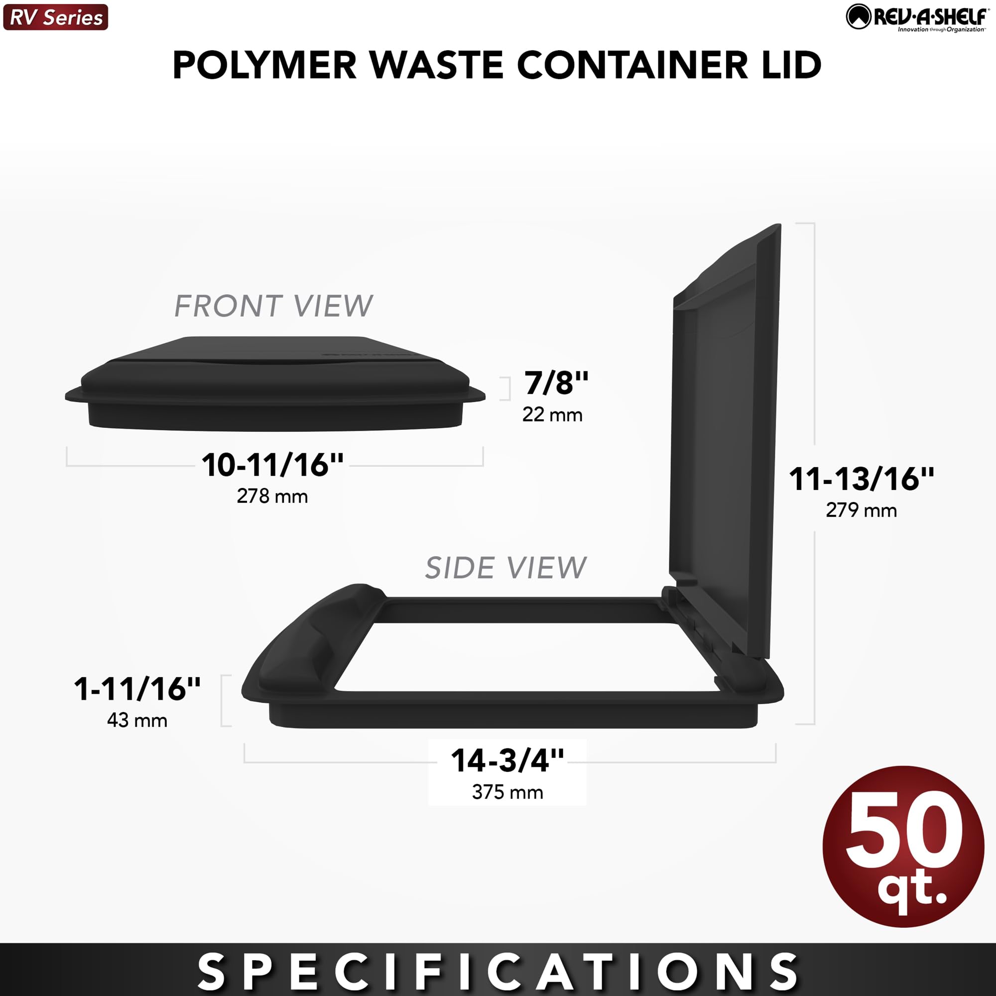 Rev-A-Shelf 50 Qt Under Sink Trash Can Lid - Black Plastic Replacement Garbage Bin Cover for Kitchen & Bathroom Cabinets | Fits Base Cabinet Storage, RV-50-LID-18-1-40 | Perfect for Home, RV & Office Organization