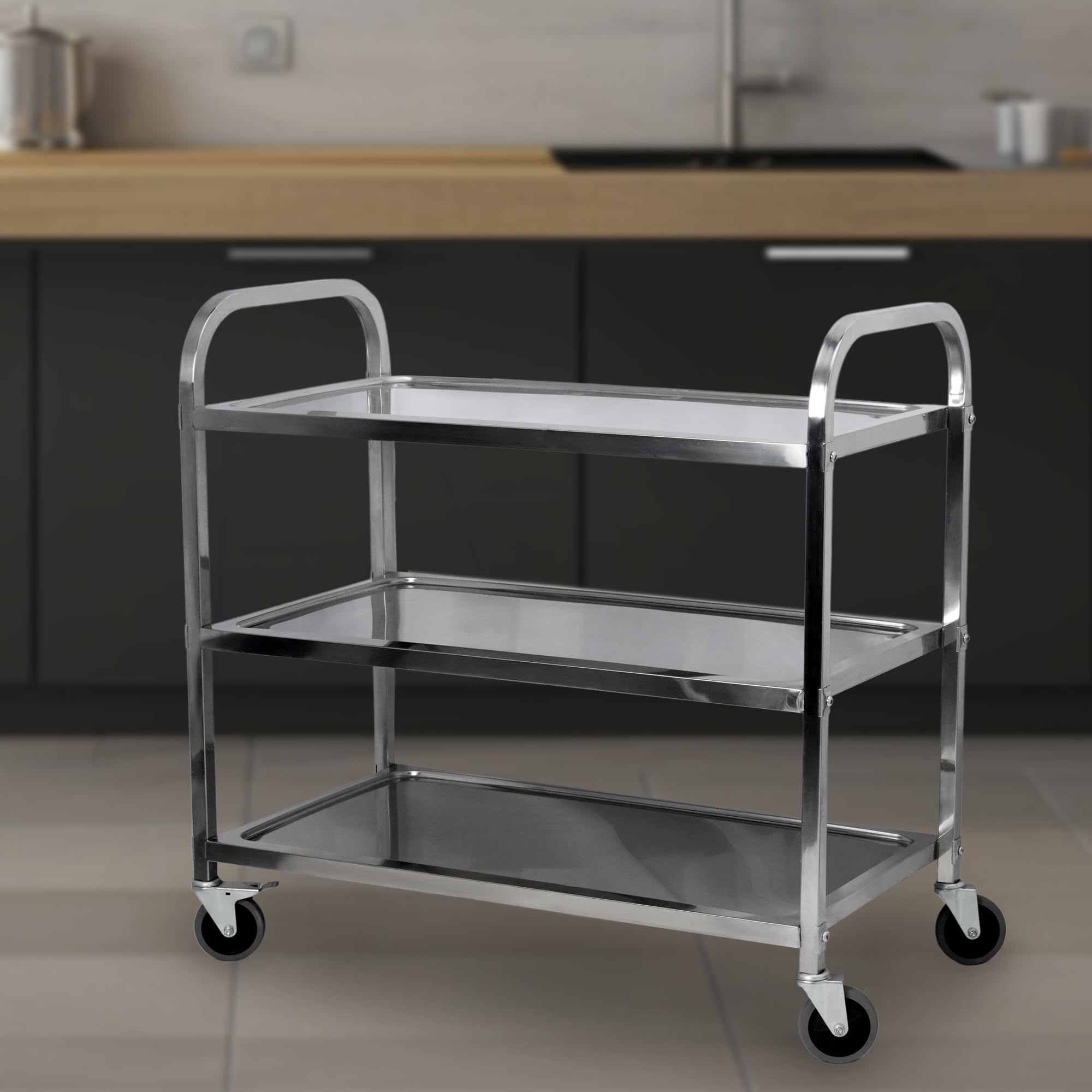 3-Tier Stainless Steel Utility Cart with 360° Swivel Wheels - Heavy Duty Industrial Serving Cart for Kitchen, Restaurant & Home Use - Perfect for Food Service, Hotel Storage & Mobile Workstation