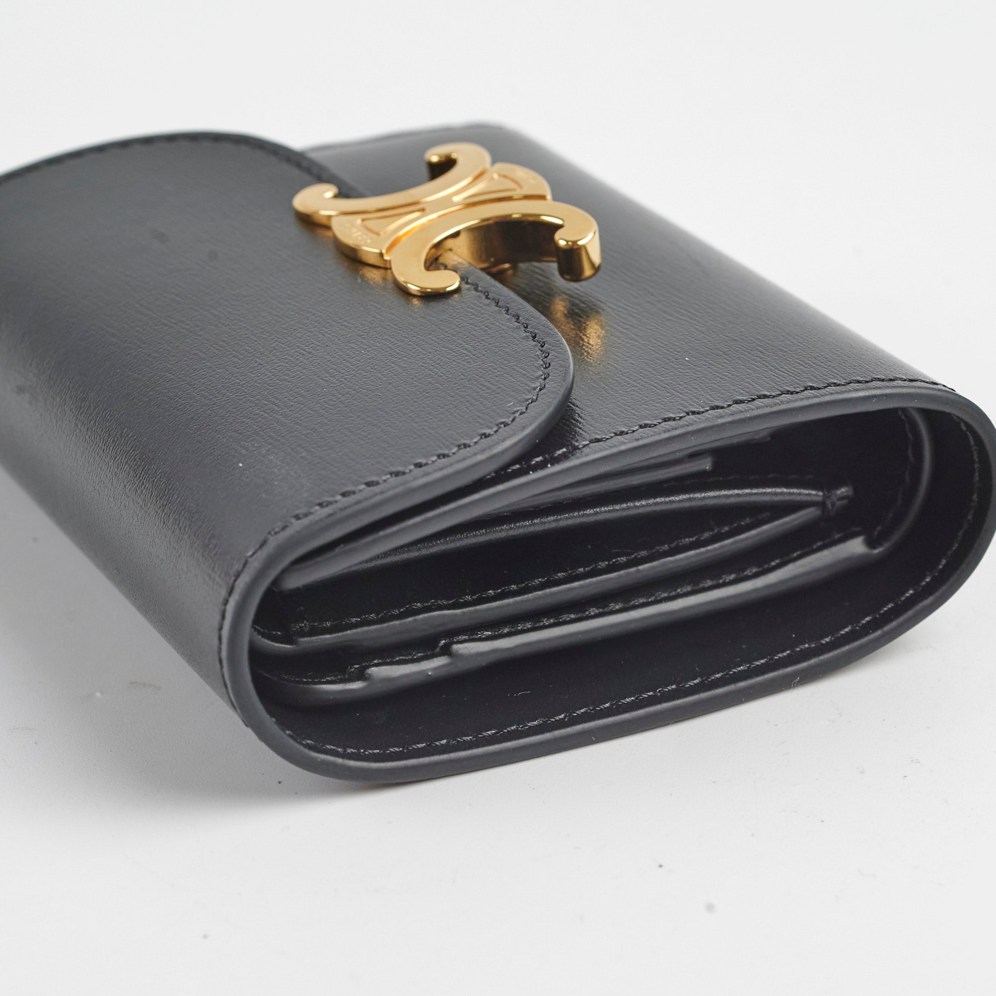 Celine Compact Wallet with Coin Pocket Triomphe Logo in Shiny Calfskin Leather - Perfect for Everyday Use & Travel Essentials