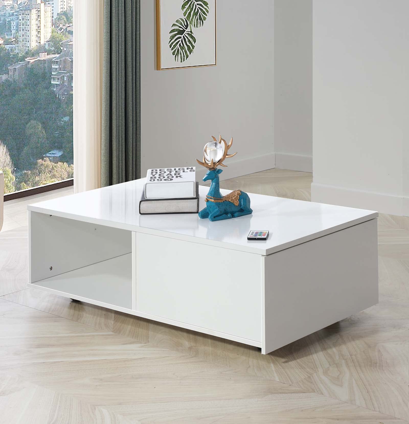 Modern LED Wooden Coffee Table with Wheels - High Gloss Mobile White End Table for Living Room, Hotel, Bar | Portable Cocktail Table with Ambient Lighting for Home Decor & Entertainment Spaces