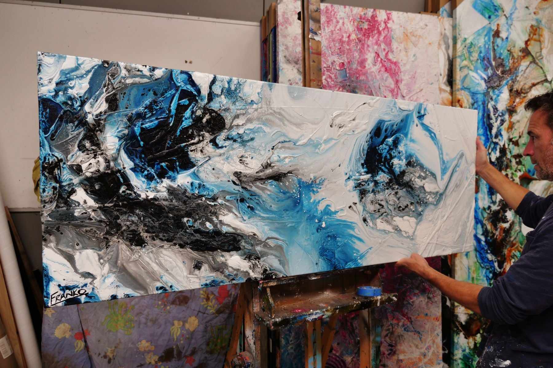 160cm x 60cm Blue and White Textured Abstract Wall Art Painting - Crushed Midnight Design for Modern Living Room & Office Decor