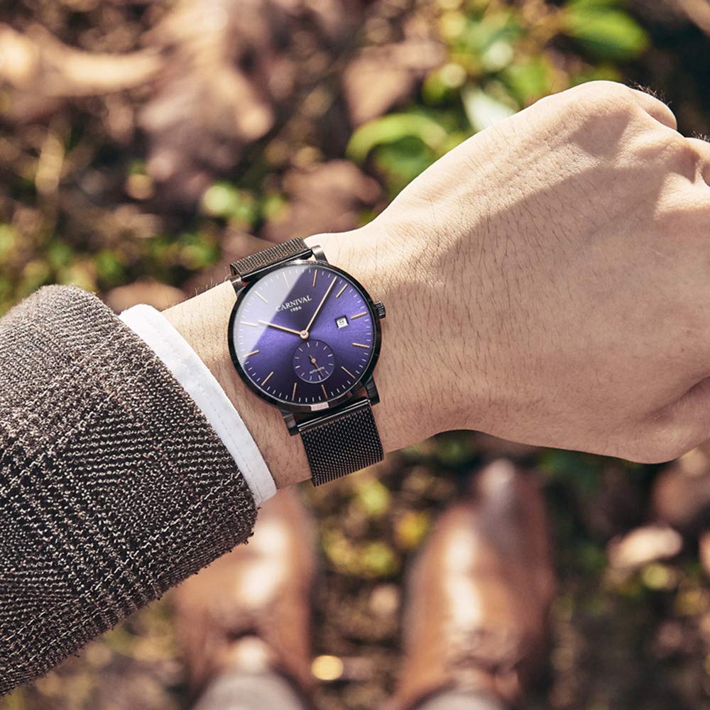 Gosasa Men's Ultra-Thin Automatic Watch - Stainless Steel Date Display, Military Style, Mesh Band, Waterproof - Perfect for Business, Casual & Outdoor Activities