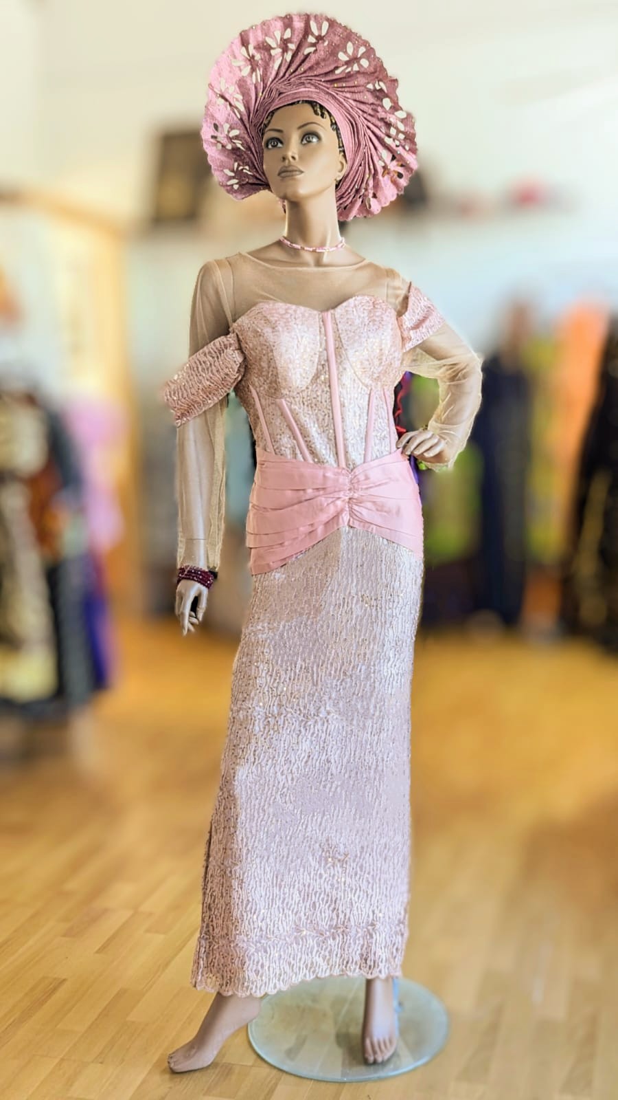 Makaila Rose Gold African Lace Sequins Maxi Bustier Corset Dress for Women | Elegant Evening Gown for Prom, Wedding, and Special Occasions | Plus Size Formal Dress with Beaded Embroidery