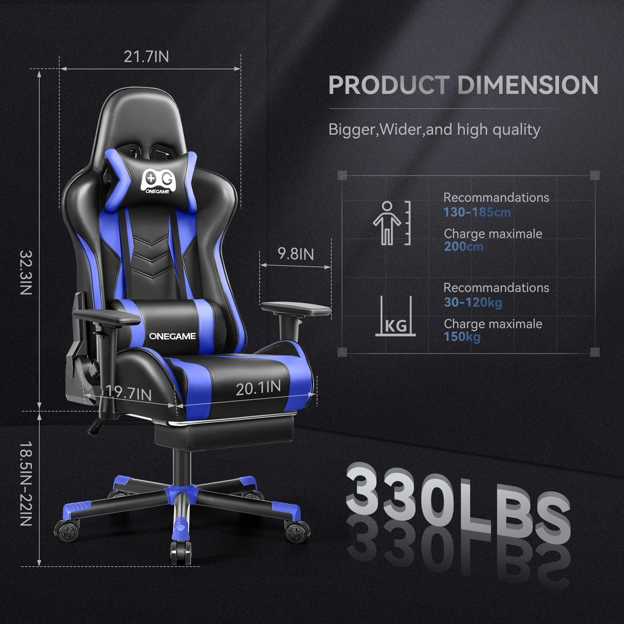 OneGame Gaming Chair - Big and Tall Ergonomic Computer Office Chair with 3D Adjustable Armrests, PU Leather Video Game Chair for PC Gaming and Work (BlackBlue) - Perfect for Home Office, Gaming Setup and Long Work Sessions