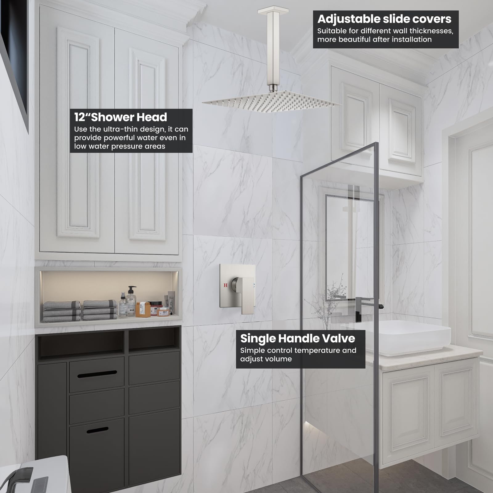 Airuida Brushed Nickel 12 Inch Square Rainfall Shower System - Single Function Ceiling Mount Shower Faucet Set with Male Threads & Rough-in Valve | Perfect for Modern Bathroom Renovations & Spa-Like Shower Experience