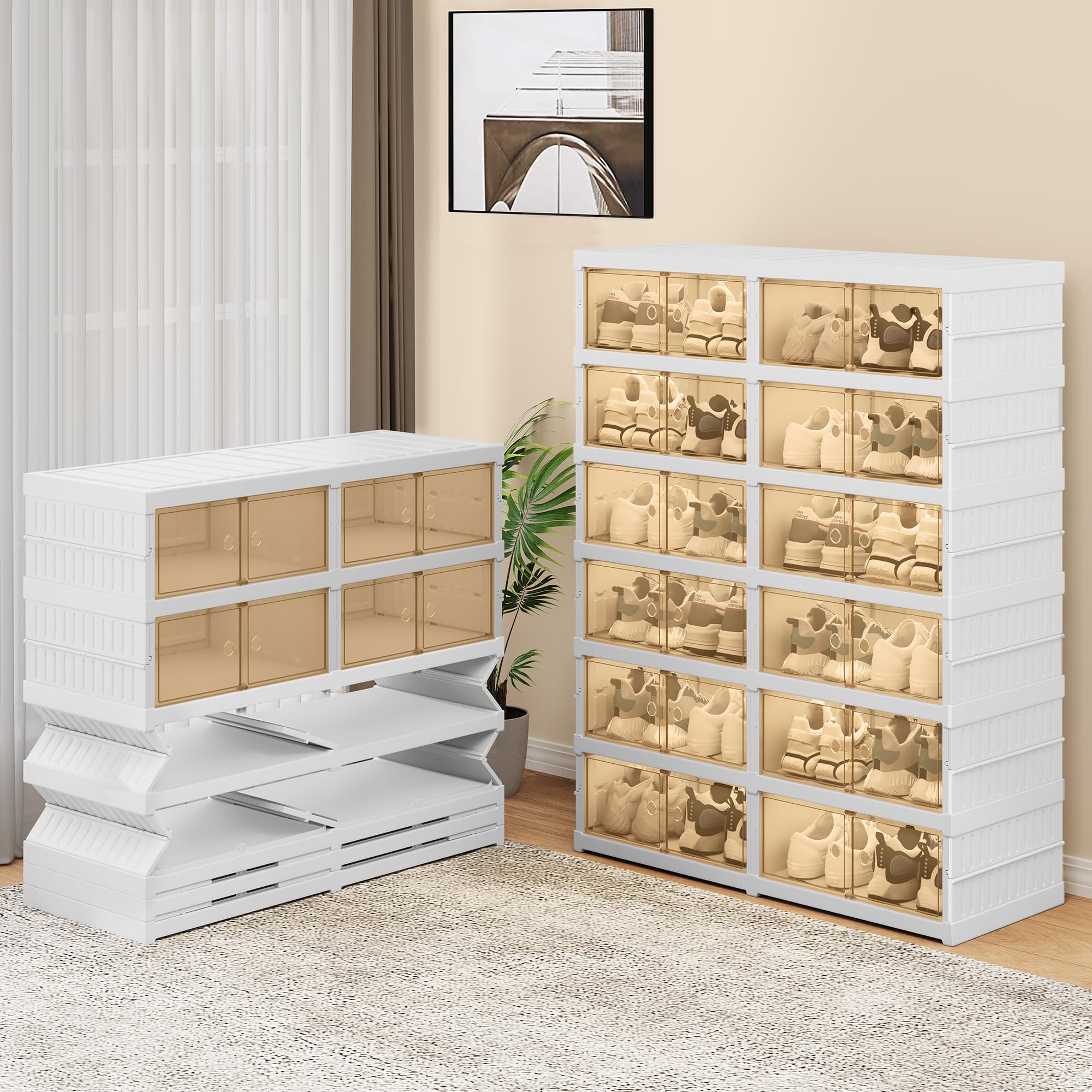 YITAHOME 6-Tier 24-Pair No Assembly Shoe Storage Box - Foldable Shoe Organizer with Magnetic Doors, Collapsible Shoe Rack Cabinet for Sneakers & Footwear - Perfect for Entryway, Closet, Living Room & Bedroom Organization (White)