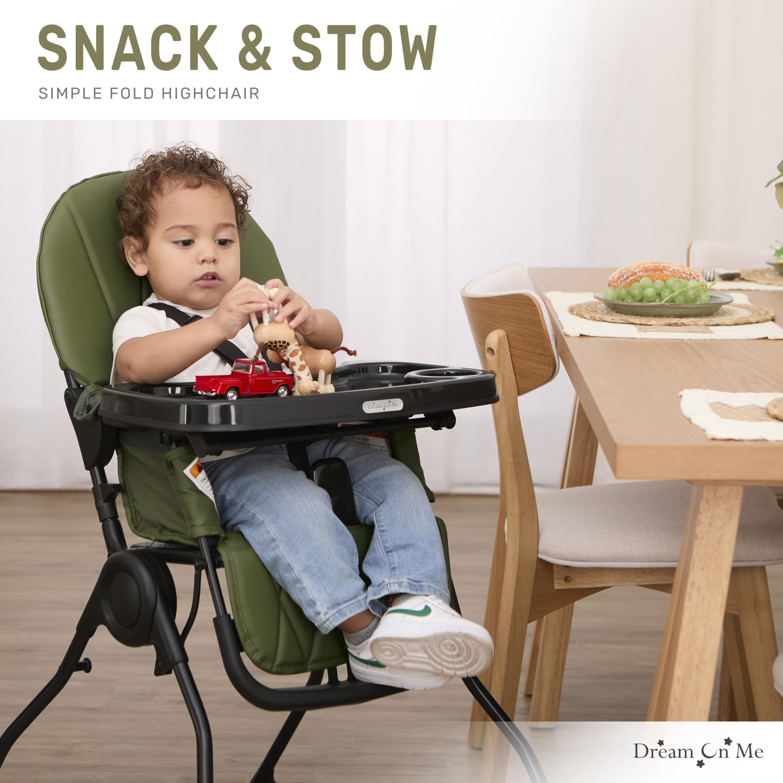 Dream On Me Snack and Stow Baby High Chair - Foldable Travel High Chair with Removable 3-Position Adjustable Tray | Portable for Home, Restaurants & Outdoor Use (Olive Green)