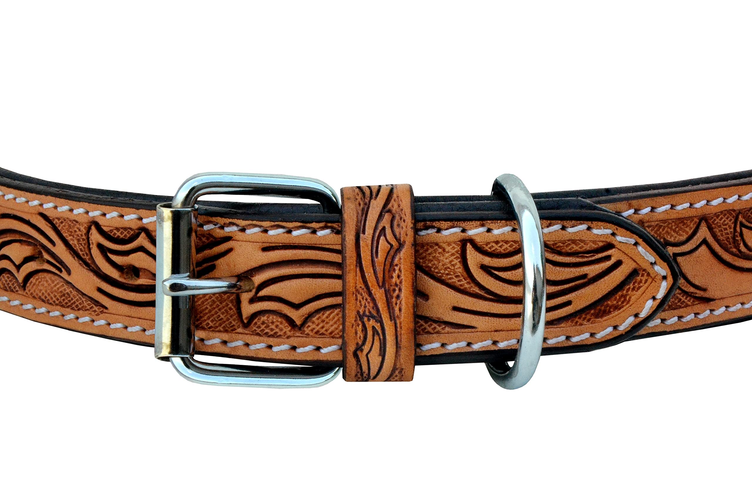 Western Style Leather Dog Collar - Heavy Duty Hand-Tooled Adjustable Beaded Padded Soft Collar for Puppies & Large Dogs (10AB020) - Perfect for Training, Walks & Outdoor Adventures