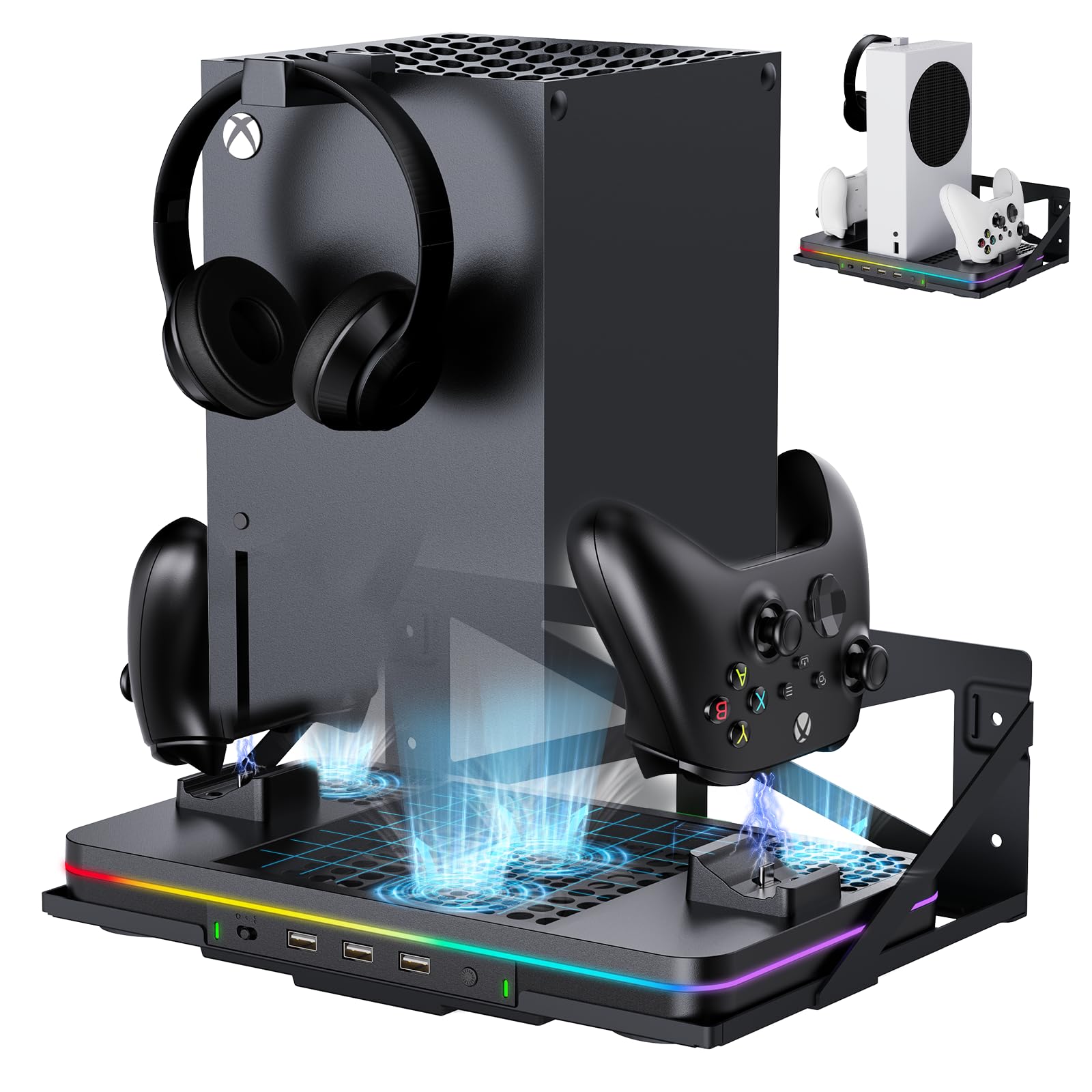 Luckit Vertical Wall Mount & Cooling Charging Stand for Xbox Series X/S - Dual Controller Charger Station with Cooling Fan, 3 USB Ports & 2 Headset Stand - Perfect for Gaming Setup & Console Organization