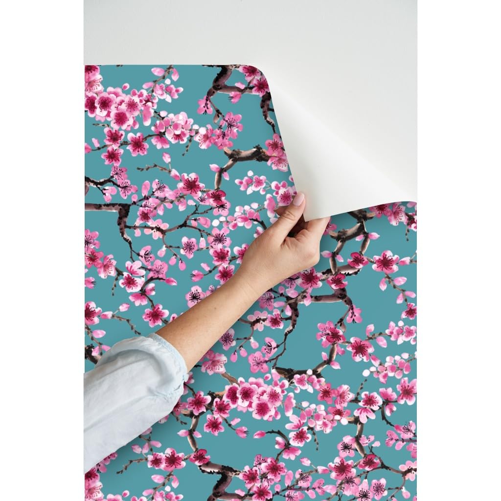 Peel & Stick Removable Wallpaper 12ft x 2ft - Turquoise Pink Floral Japanese Tree Design | Self-Adhesive Wall Decal for Bedroom, Living Room, Nursery & Office Decor