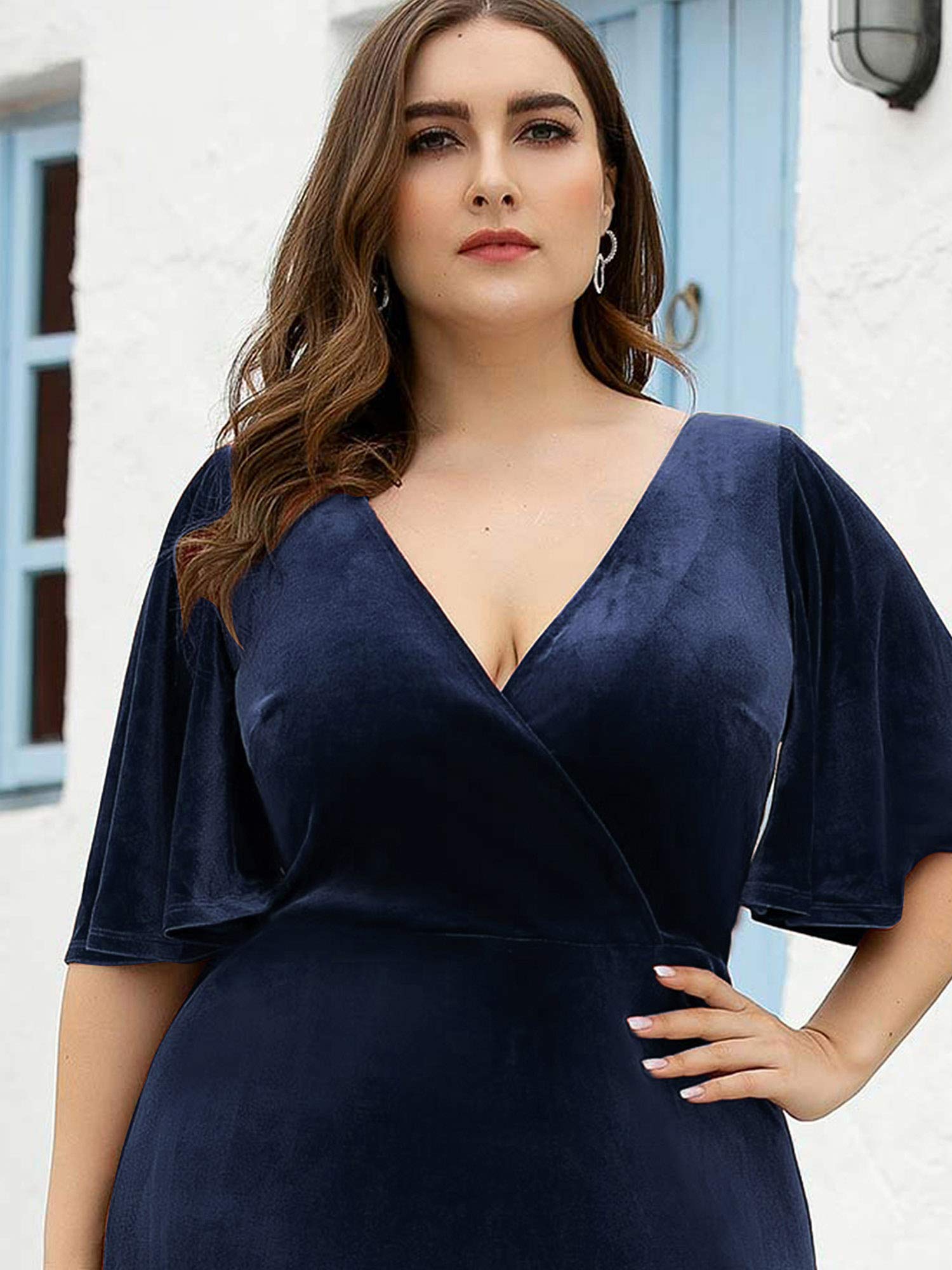 Ever-Pretty Women's Plus Size Velvet Maxi Dress - Retro V-Neck with Ruffled Sleeves for Winter Formal Occasions | Perfect for Holiday Parties, Weddings & Evening Events (Style 00861-DA)