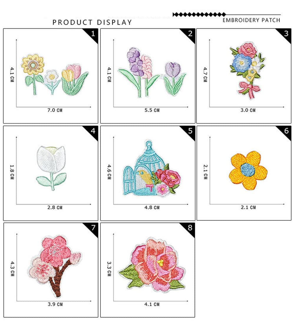 8pcs Floral Iron On Patches - Embroidered Sew On Applique for Jeans, Jackets & DIY Clothing (White) - Perfect for Customizing Denim, Bags & Home Decor
