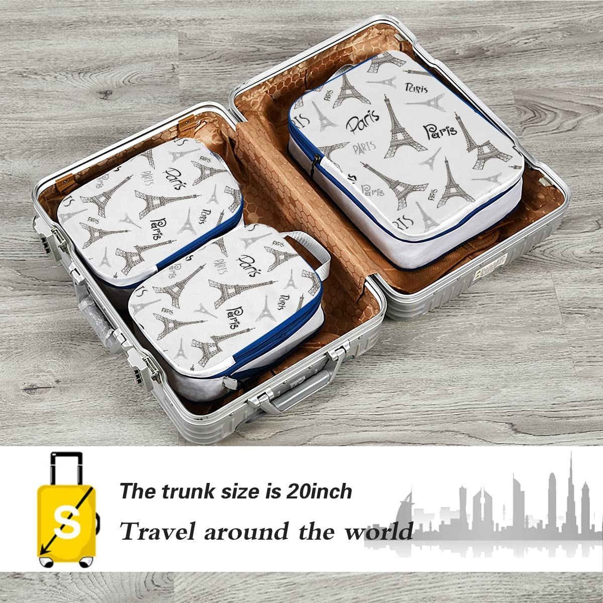 MNSRUU Packing Cubes Set - 3PC Eiffel Tower White Compression Travel Organizer for Luggage & Suitcases | Space-Saving Foldable Packing Bags for Vacation, Business Trips & Weekend Getaways