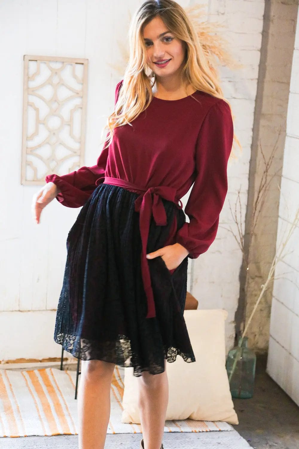Elegant Maroon & Black Lace Overlay Sash Tie Dress for Women | Formal Evening Gown | Perfect for Weddings, Parties & Special Occasions