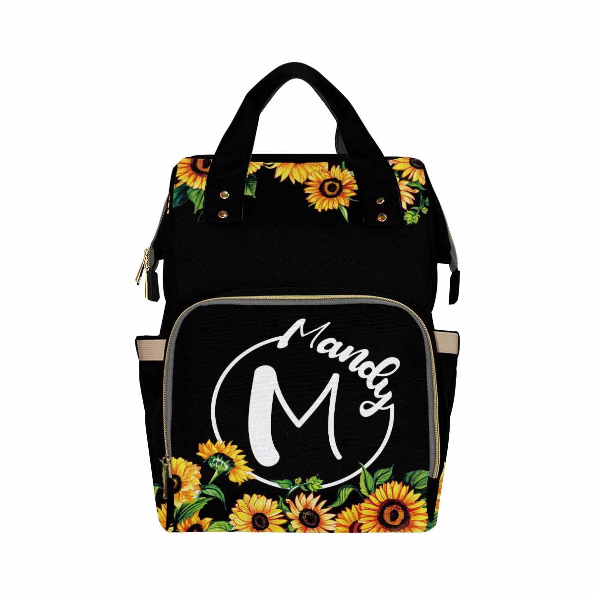 Custom Name Sunflower Border Diaper Backpack - Personalized Baby Bag for Travel, Hiking & Casual Daypack | Unisex Diapering Backpack for Teens & Adults | Great for Daycare, Outings & Outdoor Adventures