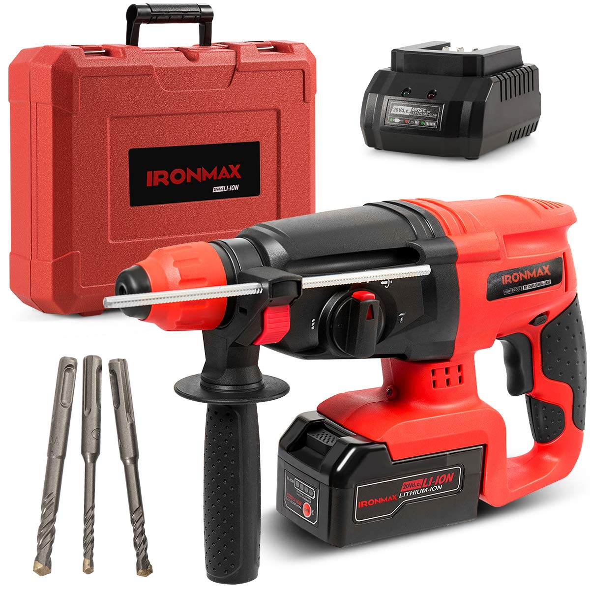 ERGOMASTER 20V Cordless Hammer Drill Kit - 1 Inch Rotary Driver with 3 Functions, Variable Speed & Demolition Hammer - Includes 4.0Ah Battery, Charger, Adjustable Handle & Drill Bits - Perfect for Construction, Masonry Work & DIY Home Projects