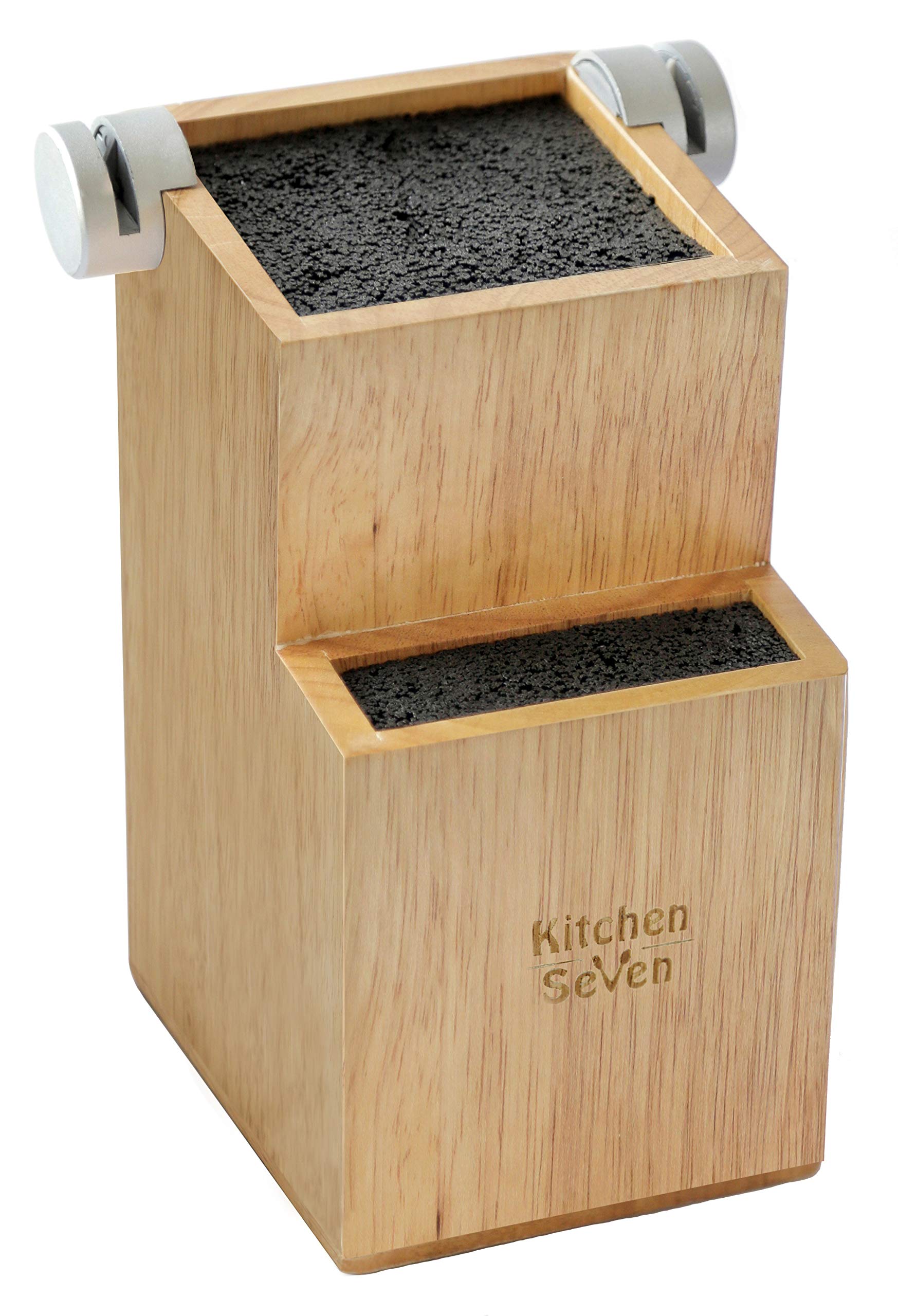 Premium Bamboo Universal Knife Block with 2 Built-In Sharpeners | 2-Tier Modern Knife Storage Holds 16 Knives | Easy-Clean Wooden Knife Organizer by Kitchen Seven | Perfect for Professional Chefs & Home Kitchens
