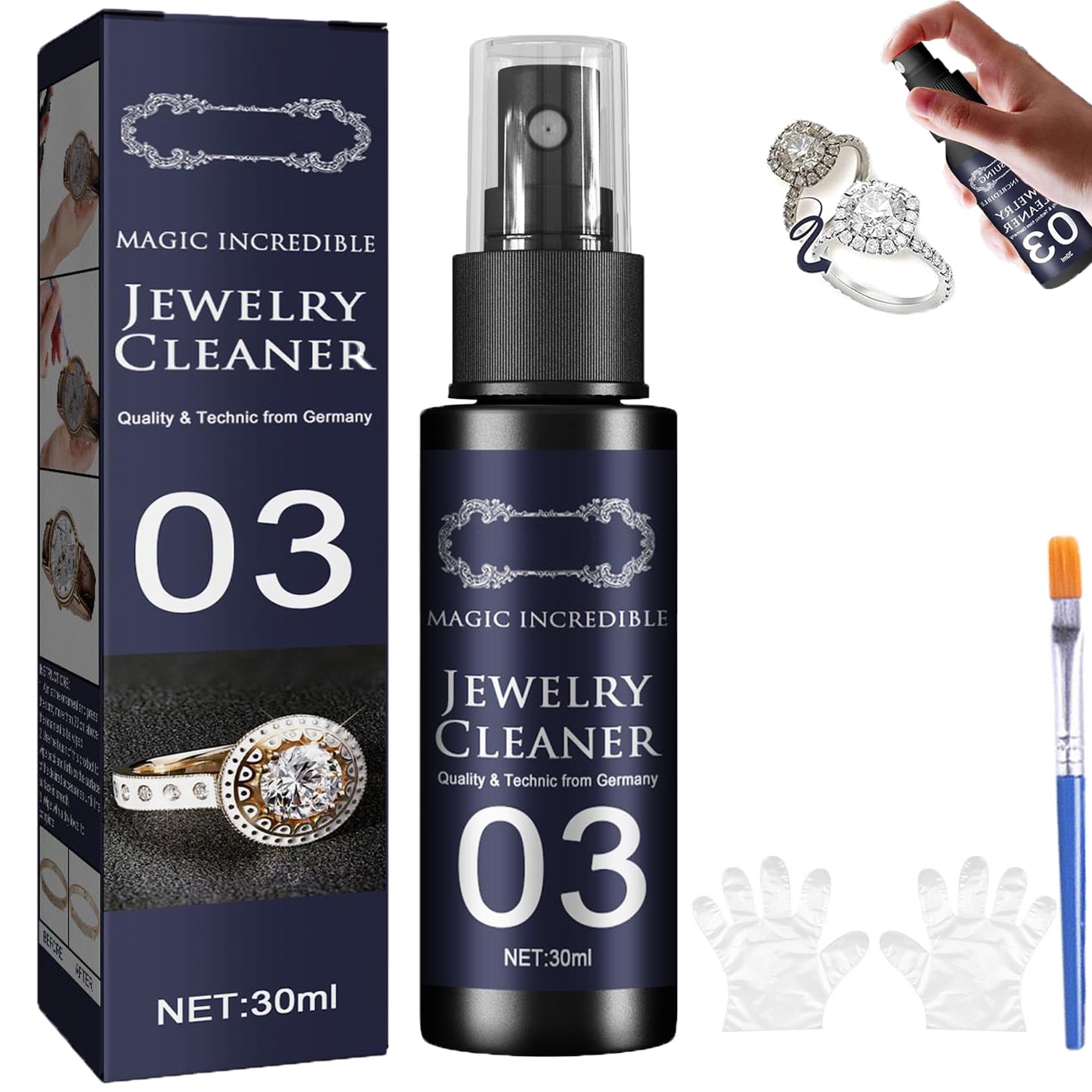 Jewelry Cleaner 03 - Universal Anti Tarnish Cleaning Spray for Gold, Silver & Diamonds | Quick & Effective Jewelry Cleaner Solution | Perfect for Rings, Necklaces & Watches (1PC)