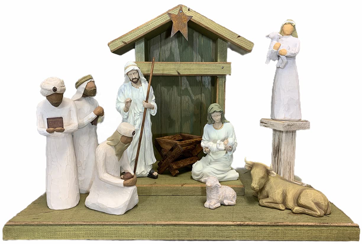 Custom Personalized Distressed Wood Nativity Stable for Willow Tree Figures - Handmade Manger Angel Stand in Green, Brown & White | USA Made | Perfect for Christmas Decorations & Holiday Displays