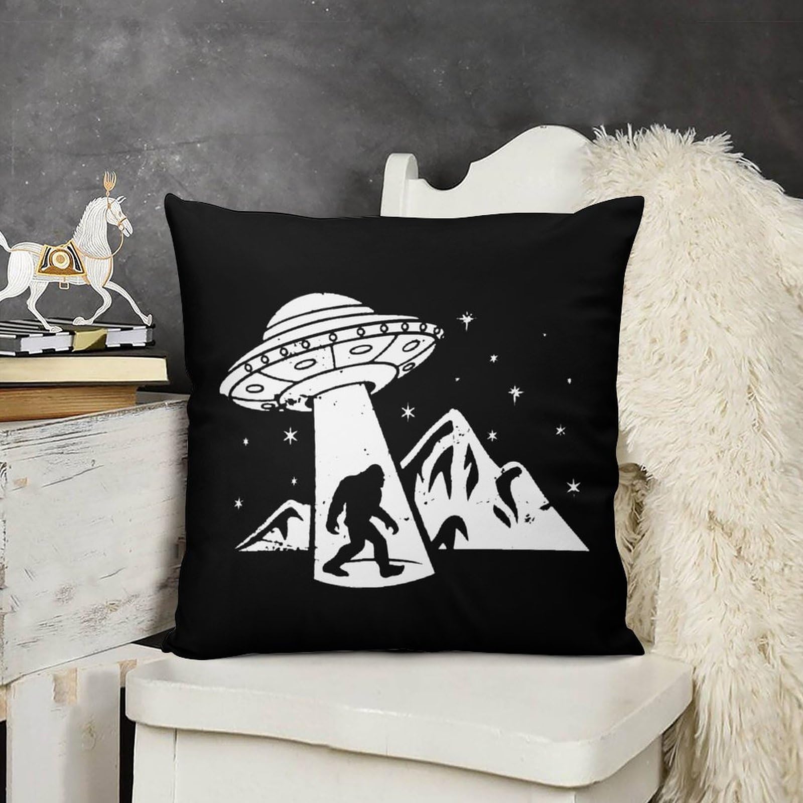 Bigfoot UFO Aliens Plush Pillow Covers - Soft & Smooth 20x20 Inch Cushion Cases for Sofa, Bed (Set of 4) - Perfect for Home Decor, Kids Room, and Sci-Fi Themed Parties