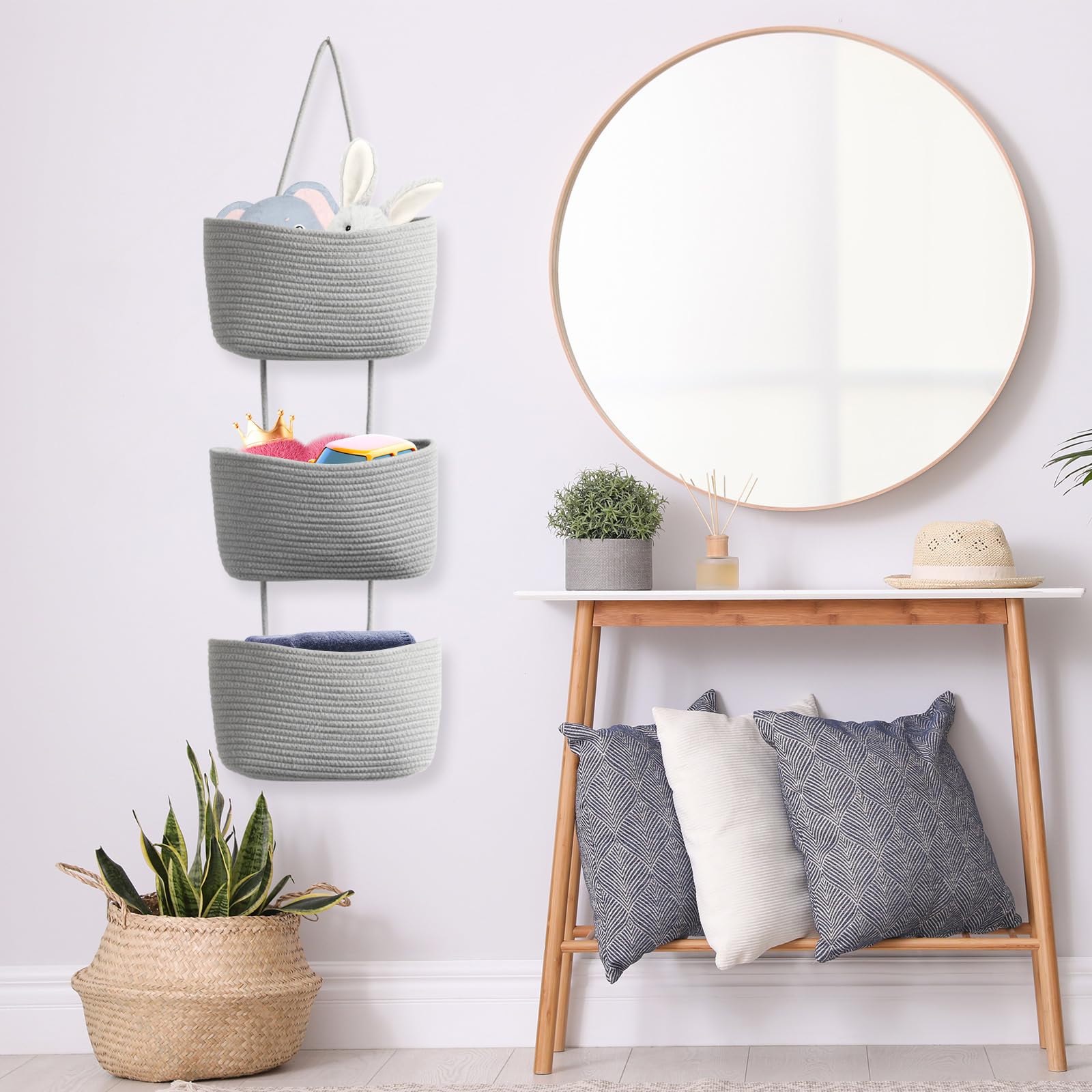 3-Tier Woven Cotton Over the Door Organizer - Gray Hanging Storage Baskets for Kitchen, Bathroom & Bedroom | Space-Saving Wall-Mounted Decorative Rope Baskets with Hooks | Perfect for Pantry Organization, Towel Storage & Small Item Clutter Control