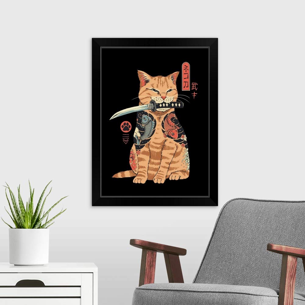 Catana Black Framed Art Print - Elegant Cat Artwork for Home & Office Decor | Perfect for Living Room, Bedroom, or Gift