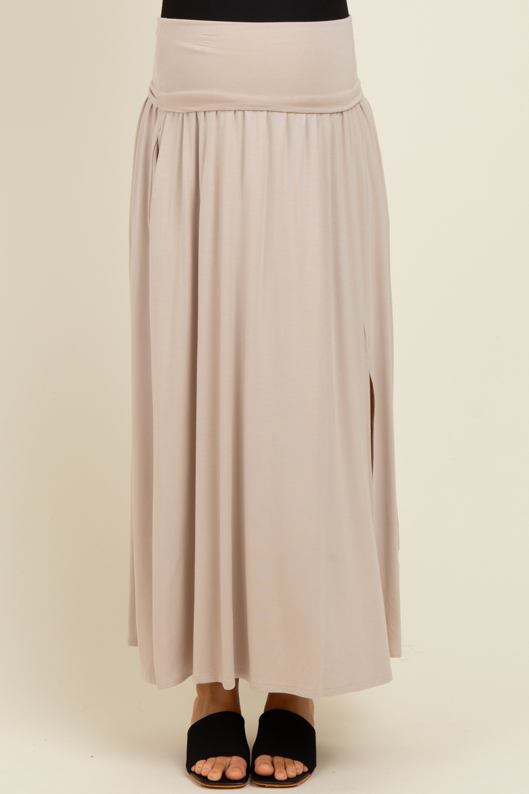 Beige Maternity Maxi Skirt with Foldover Waist & Side Slit - Comfortable Pregnancy Dress for Casual Wear, Beach Vacation & Photoshoots