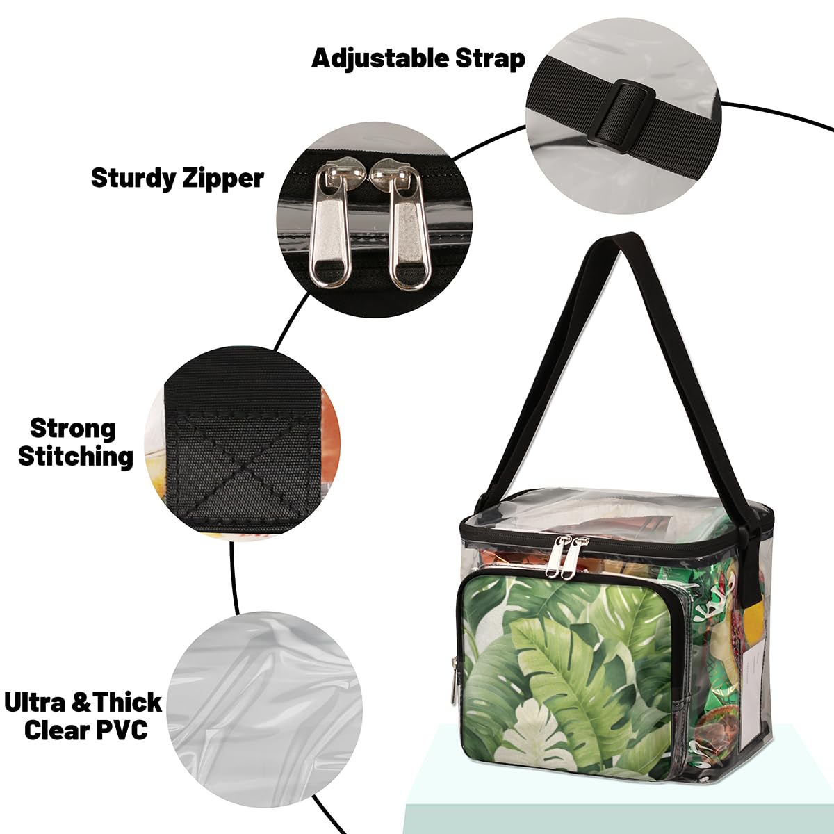GzLeyigou Summer Clear Tote Bag with Handles - Green Tropical Leaf Pattern Transparent Crossbody Shoulder Bag for Lunch, Beach, Travel, Picnic, Concerts & Sports Events | Stadium Approved | Perfect for Outdoor Activities, Shopping & Summer Vacations