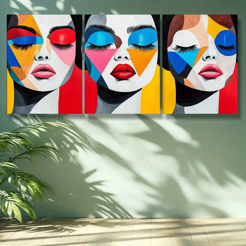 3-Piece Classic Decor Metal Print Wall Art - Ready to Hang Makeup Girl Portrait for Living Room, Bedroom & Office Decor