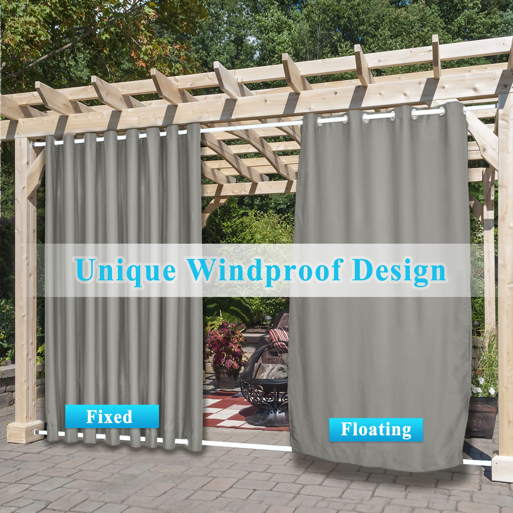 Frelement Outdoor Curtains Panels - Windproof, Thermal Insulated, Blackout Drapes with Rustproof Grommets (Top & Bottom) for Porch, Patio, Deck - Grey, 100W x 84L, 1 Panel - Perfect for Sun Protection, Privacy & Outdoor Relaxation