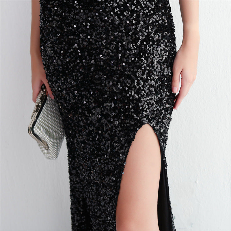 Elegant Blue Sequins Mermaid Prom Dress with Slit | Spaghetti Strap Long Evening Gown for Formal Events, Homecoming, Pageants & Special Occasions