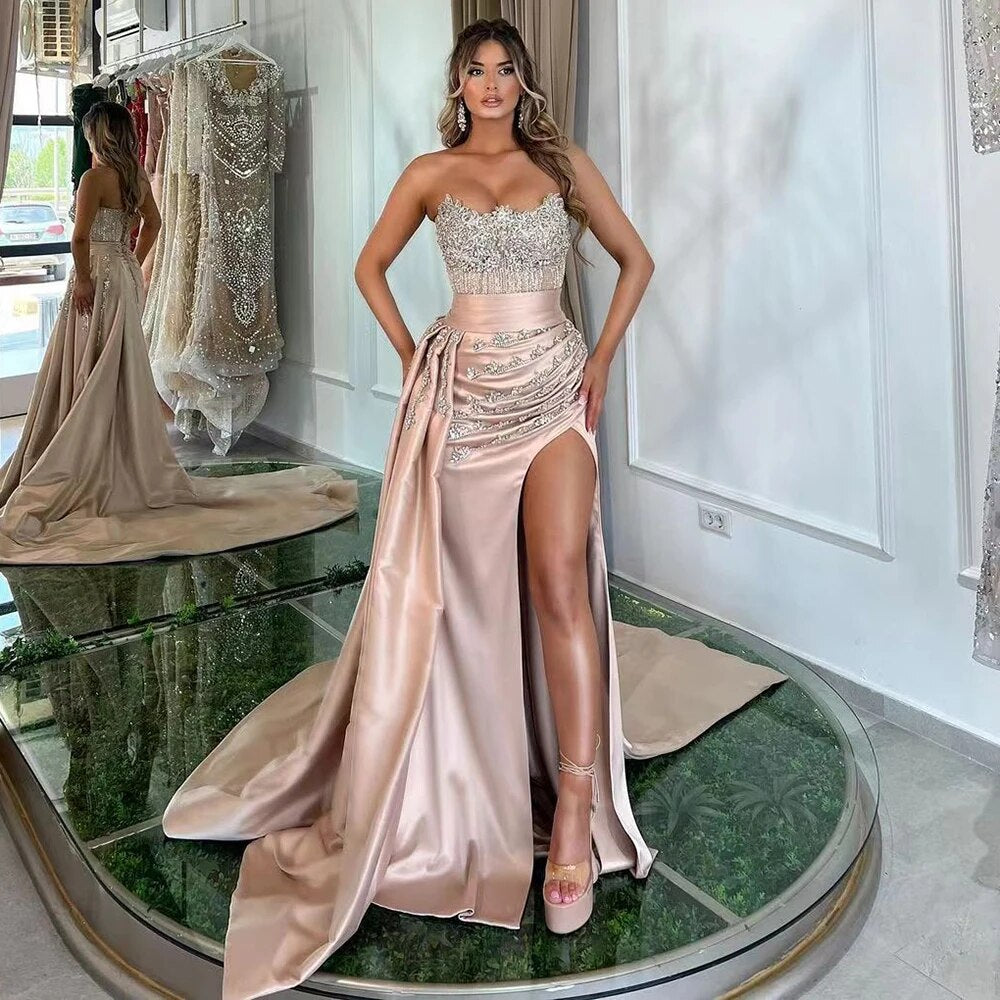 Elegant Strapless Crystal Beaded Mermaid Evening Gown with High Split & Skirt for Women - Perfect for Prom, Wedding, and Formal Parties 2025