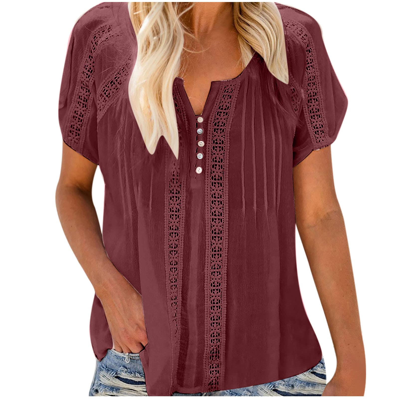 Women's Summer Tops - Lace Crochet Eyelet Short Sleeve V-Neck Blouse | Casual Loose Fit Solid Tunic Shirt for Beach, Vacation & Everyday Wear