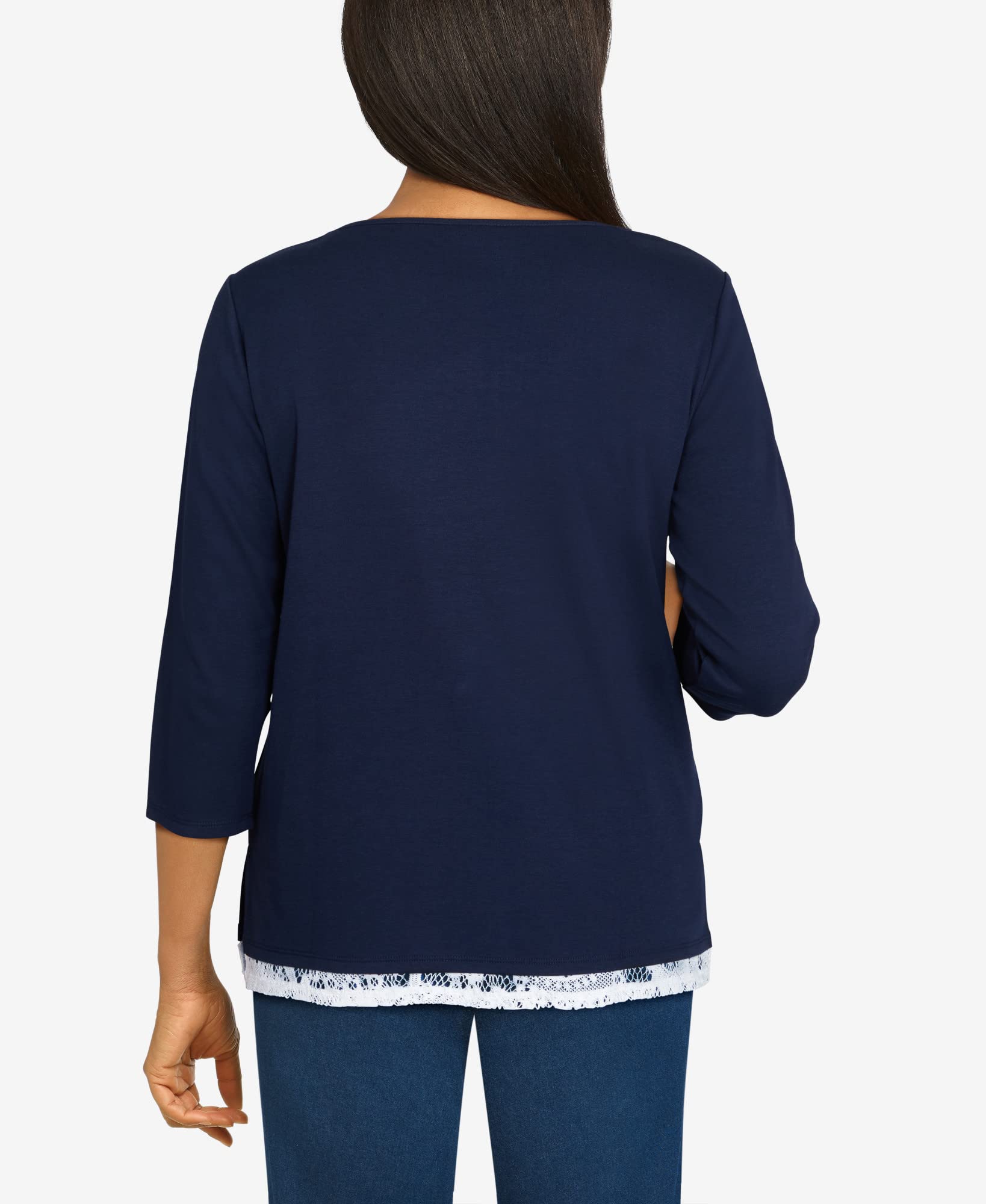 Alfred Dunner Women's Petite Floral Embroidery Blouse with Lace Trim - Floral Print Summer Tops for Casual Wear & Office Outfits