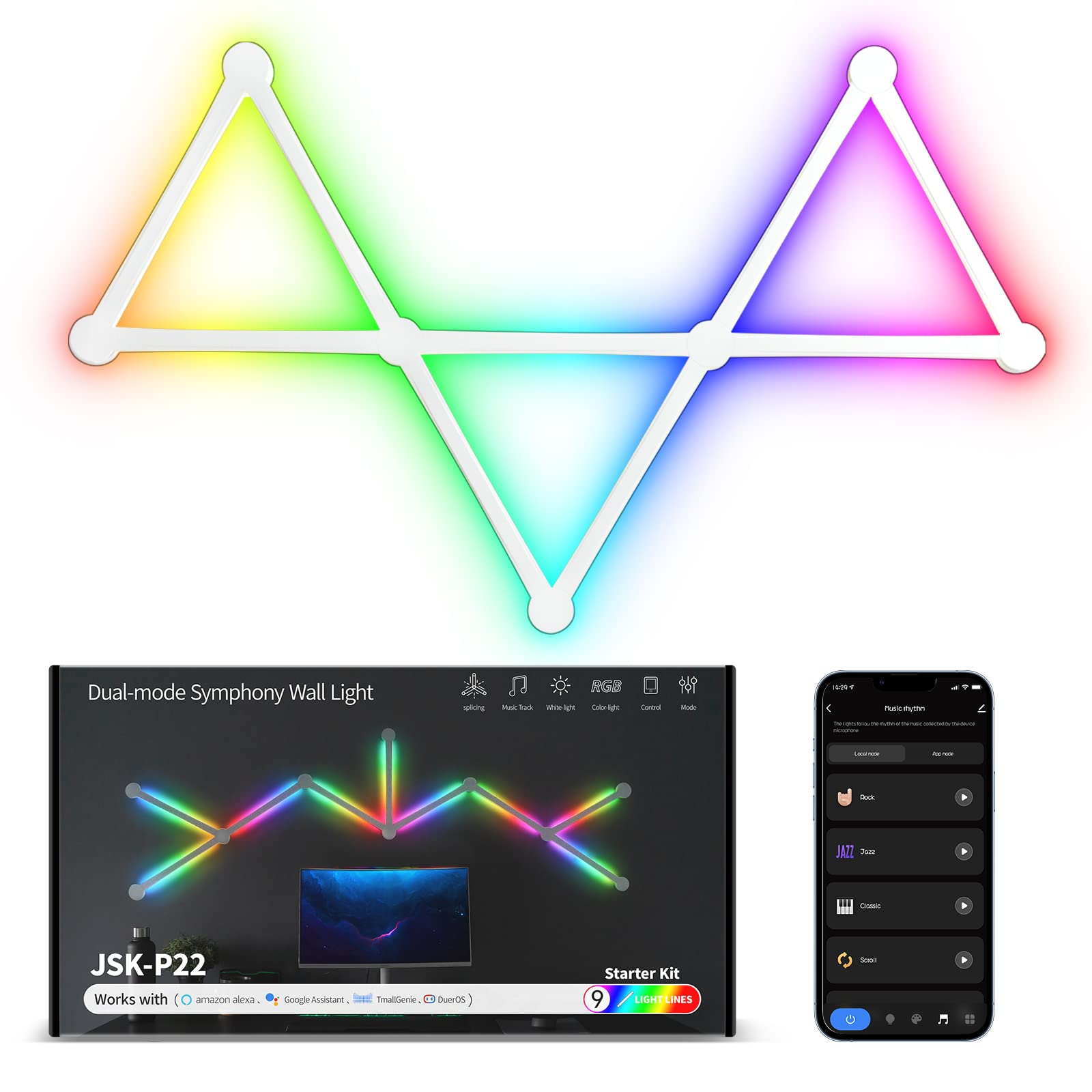 Smart WiFi RGB LED Wall Light Kit - 16 Million Colors, Dimmable, Music Sync, Alexa & Google Assistant Compatible - Perfect for Gaming Room, Bedroom & Home Wall Decor (9 LED Light Lines)