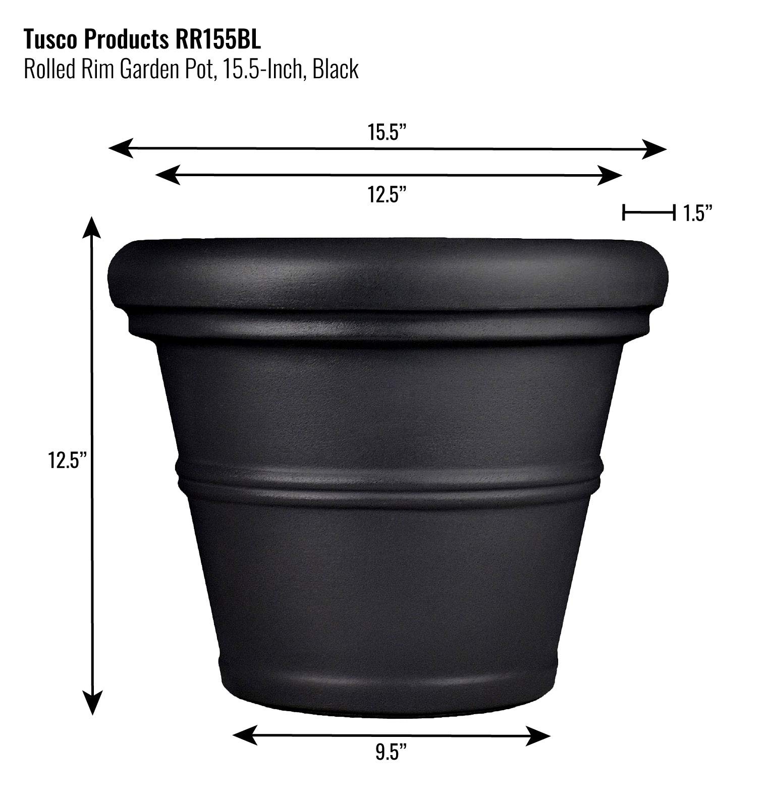 Tusco Products RR155BK Classic Rolled Rim Garden Planter - 15.5 Inch Black Flower Pot for Outdoor Plants, Indoor Decor, Patio, Balcony & Garden Decorations