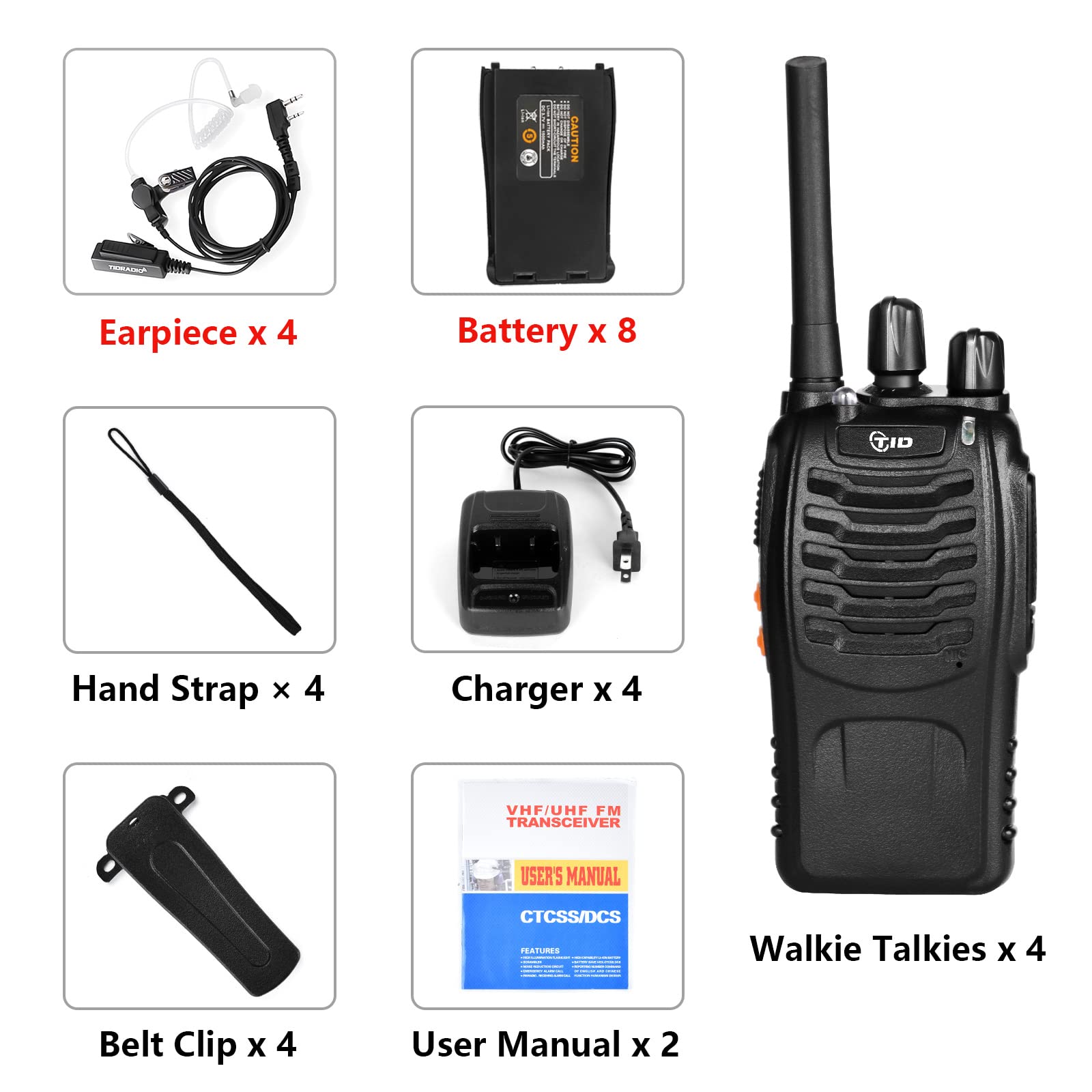 TID TD-V2 Long Range Walkie Talkies for Adults - 2 Way Radios with Earpiece, Rechargeable Battery & Flashlight (4 Pack) - Perfect for Business Communication, Outdoor Adventures & Family Activities