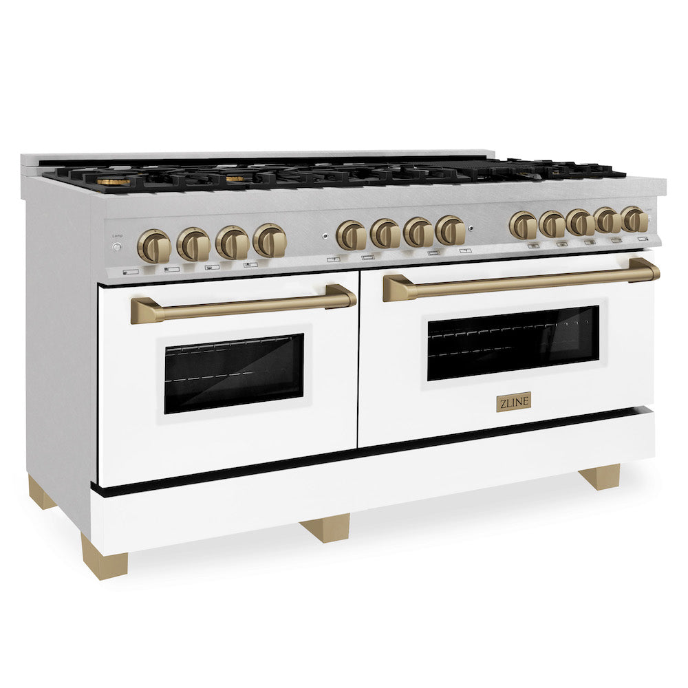 ZLINE Autograph Edition 60-Inch Dual Fuel Range - 7.4 cu.ft Capacity, 9-Burner Gas Cooktop & 2 Electric Convection Ovens - Satin Stainless Steel with White Matte Doors & Champagne Bronze Accents (RASZ WM 60 CB) - Perfect for Professional Home Chefs & Luxury Kitchen Remodels